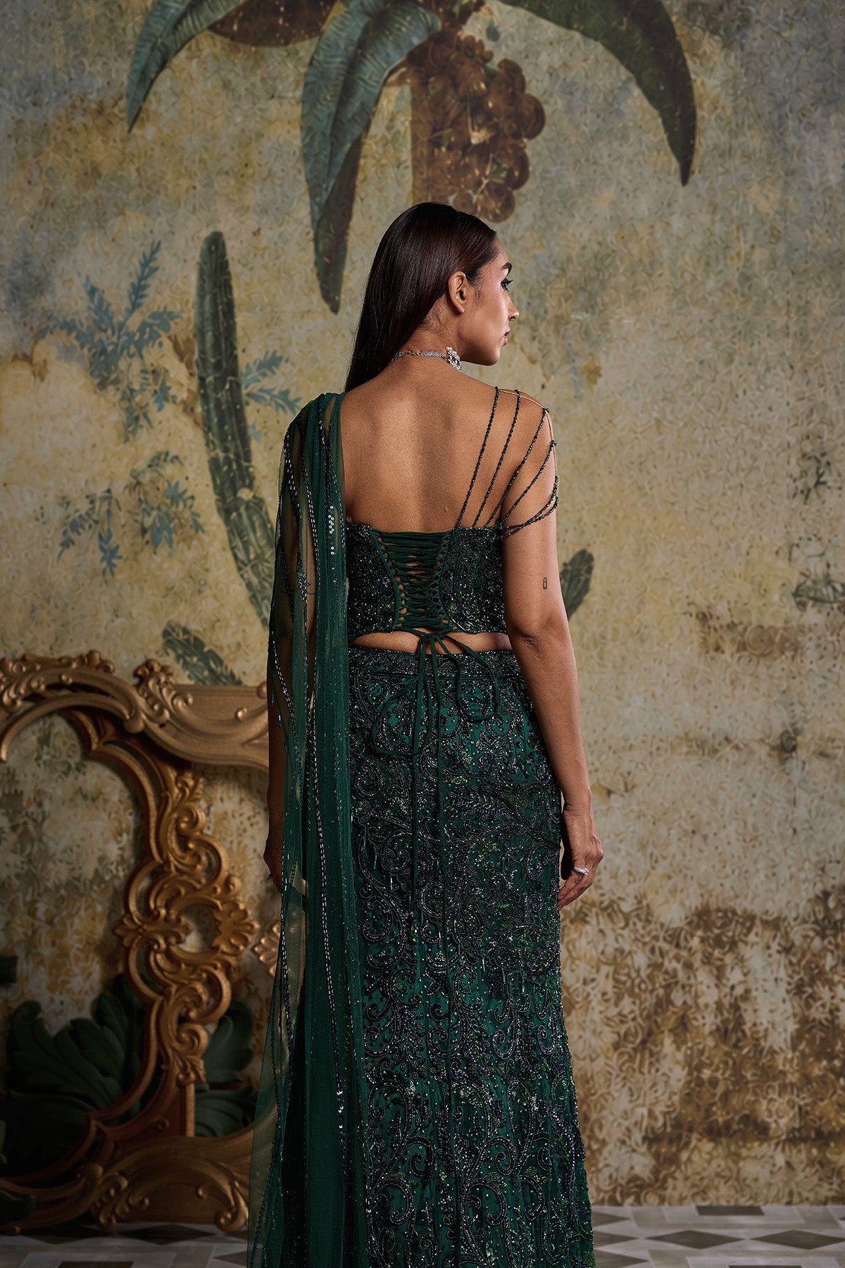 BOTTLE GREEN EMBELLISHED CORSET SAREE SET