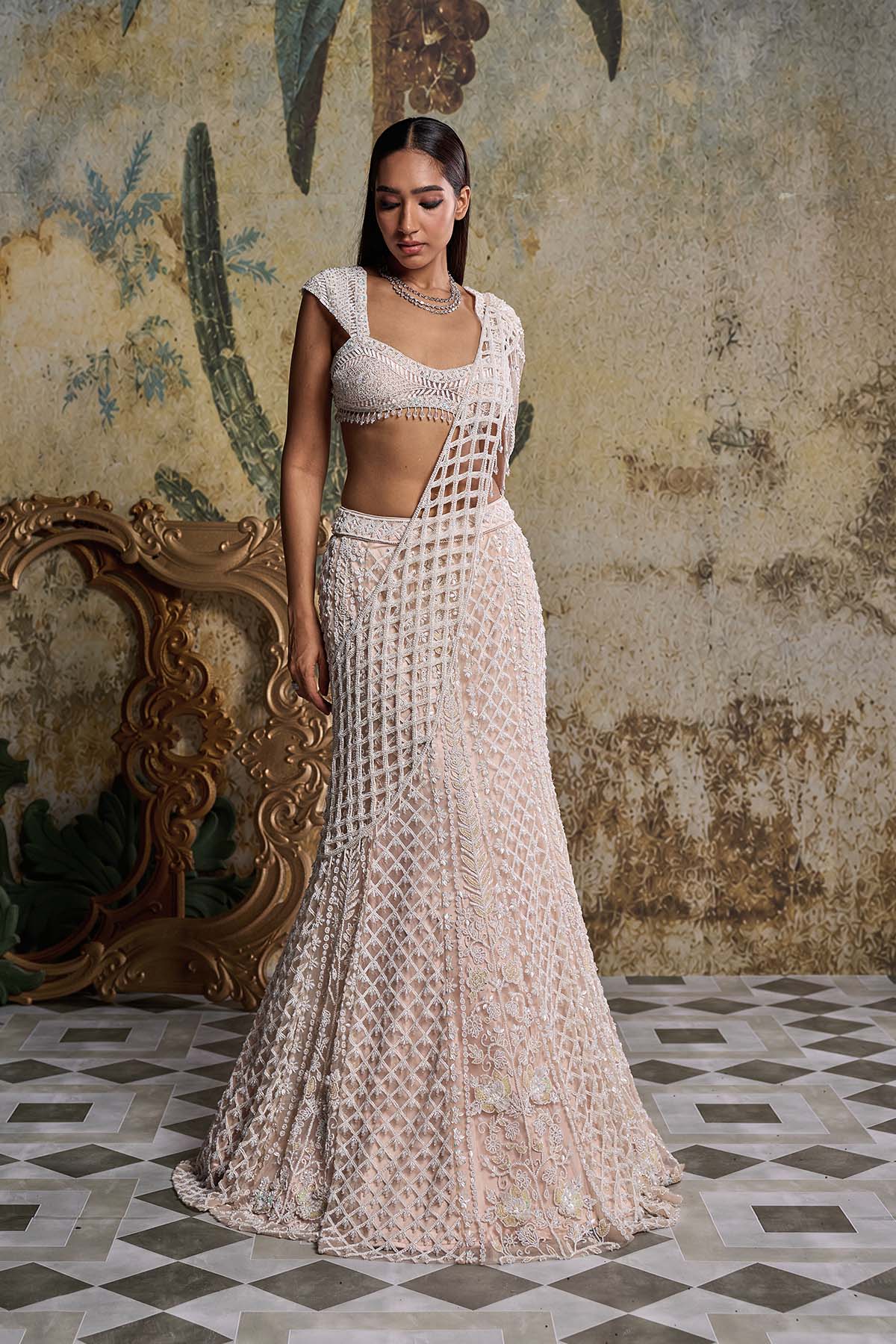 IVORY CUTWORK DRAPE EMBELLISHED SAREE SET