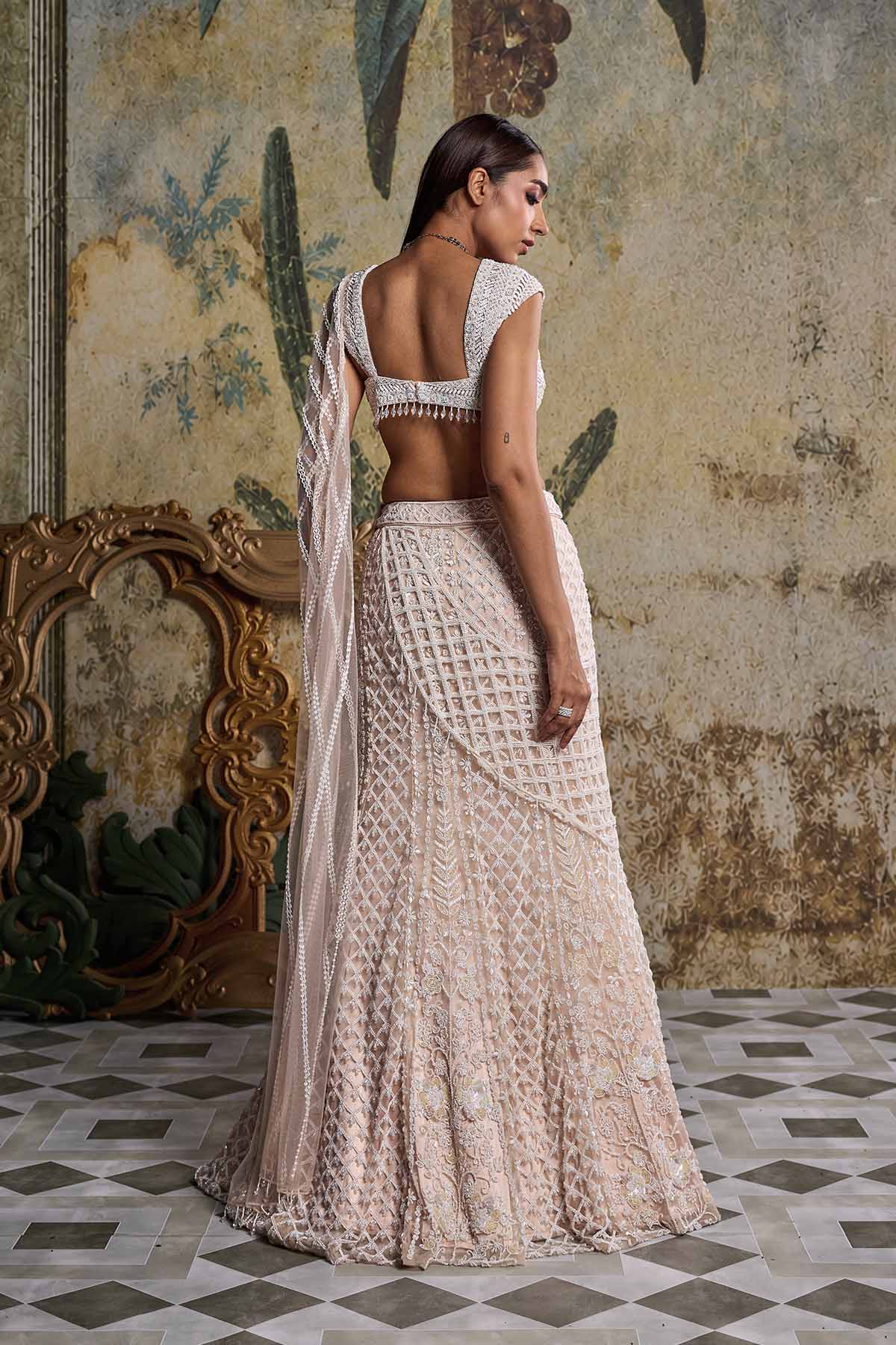 IVORY CUTWORK DRAPE EMBELLISHED SAREE SET