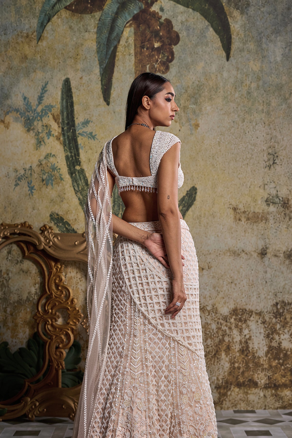 IVORY CUTWORK DRAPE EMBELLISHED SAREE SET