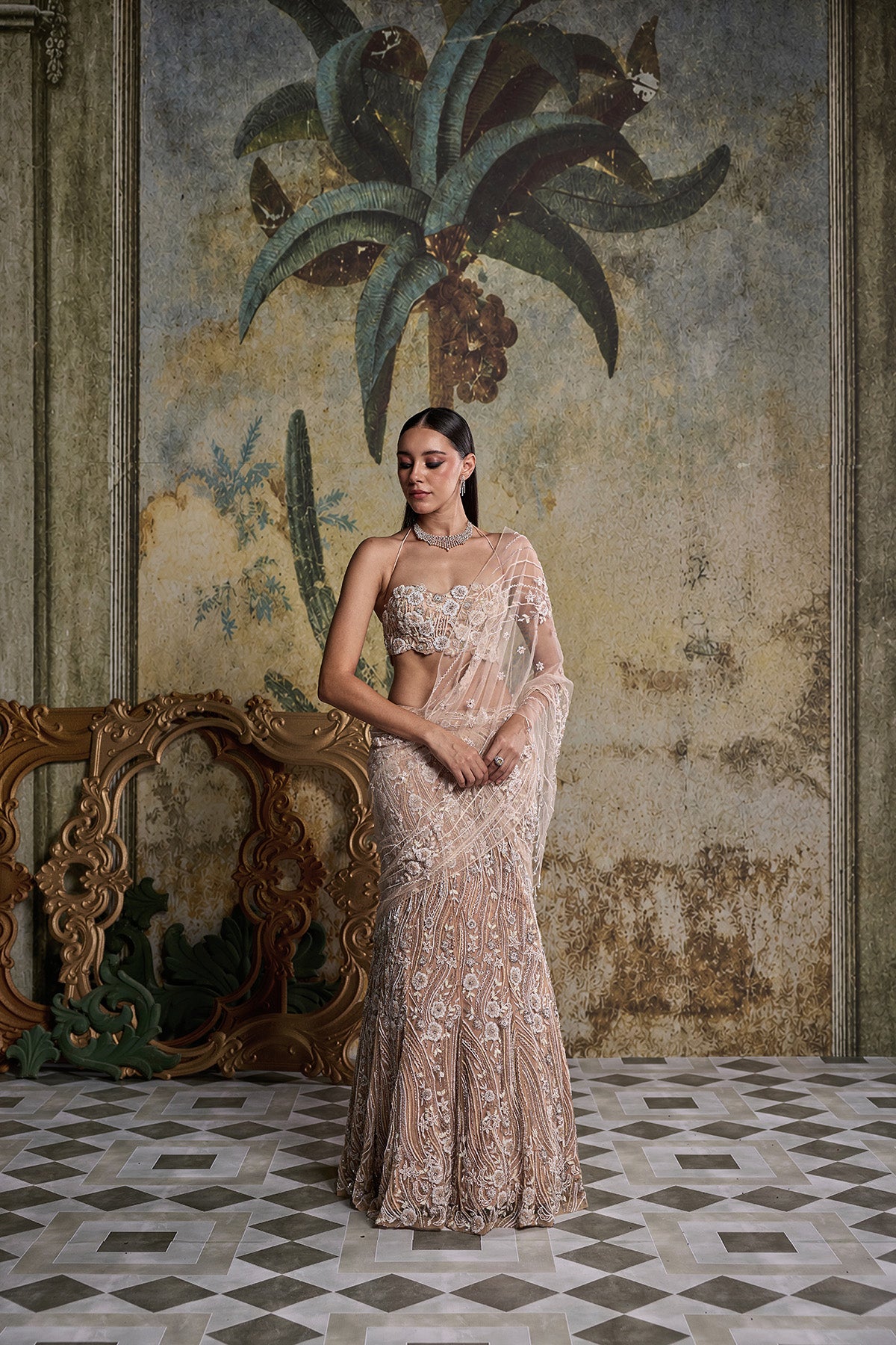 BEIGE & IVORY 3-D FLORAL EMBELLISHED SAREE SET