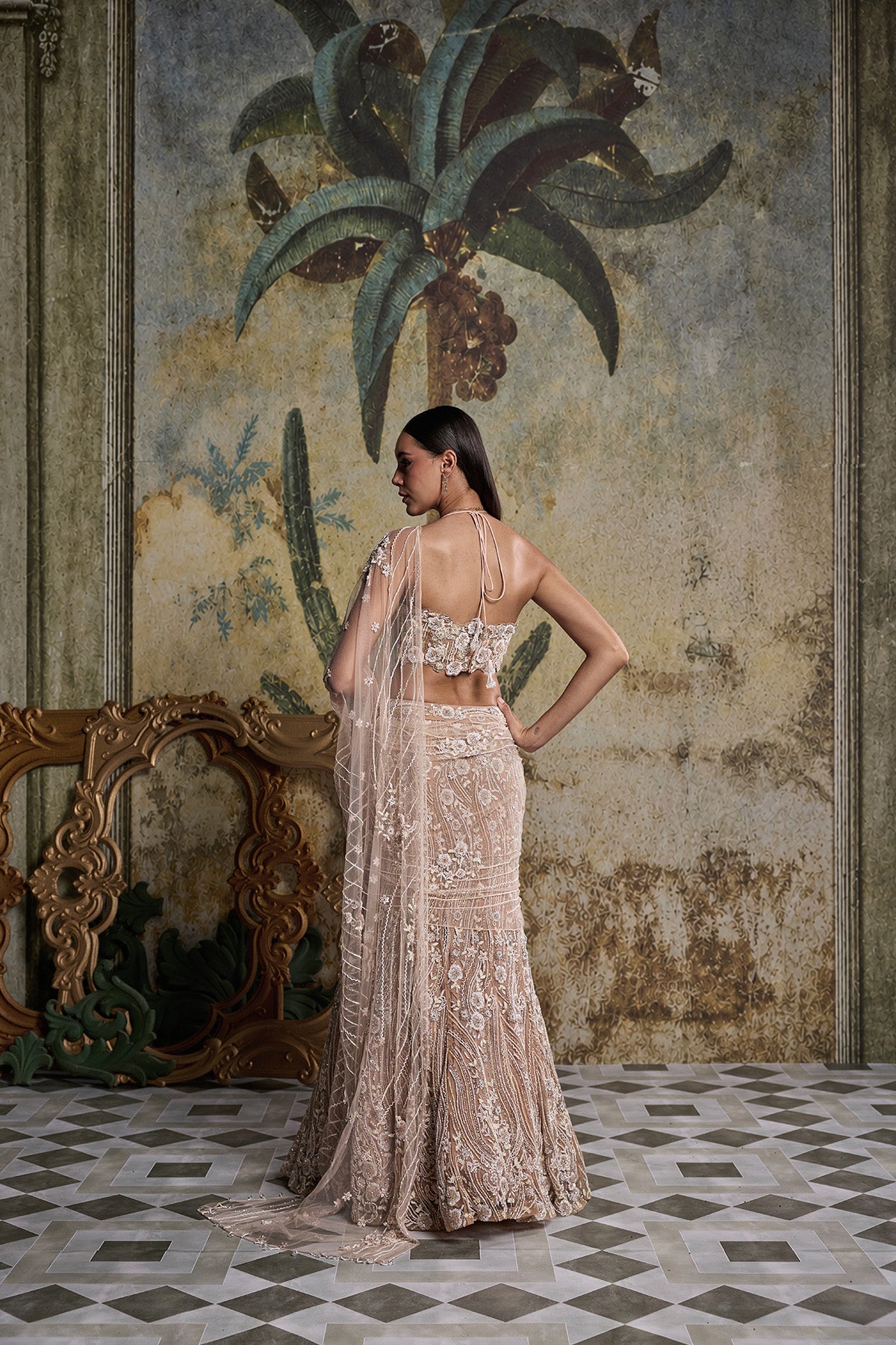 BEIGE & IVORY 3-D FLORAL EMBELLISHED SAREE SET