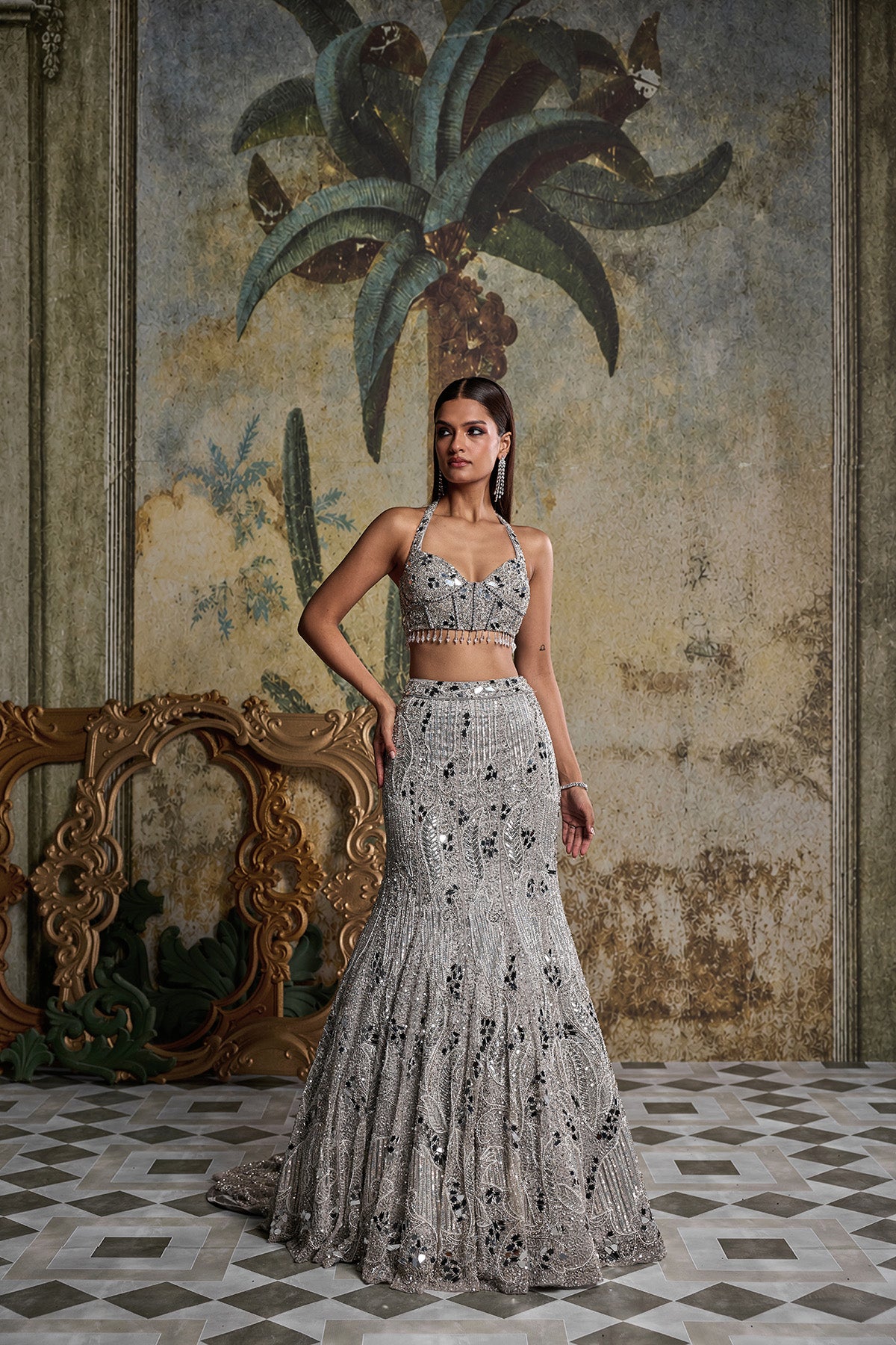 SILVER MIRROR EMBELLISHED TRAIL MERMAID SKIRT SET