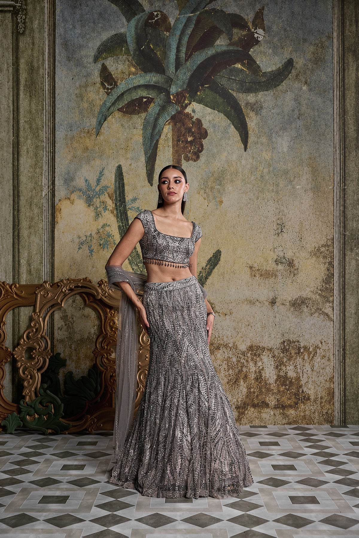 GREY GUNMETAL EMBELLISHED MERMAID SKIRT SET