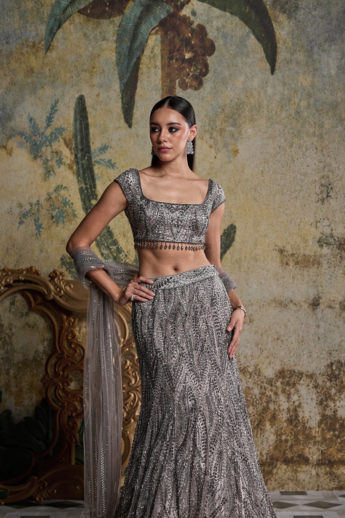 GREY GUNMETAL EMBELLISHED MERMAID SKIRT SET