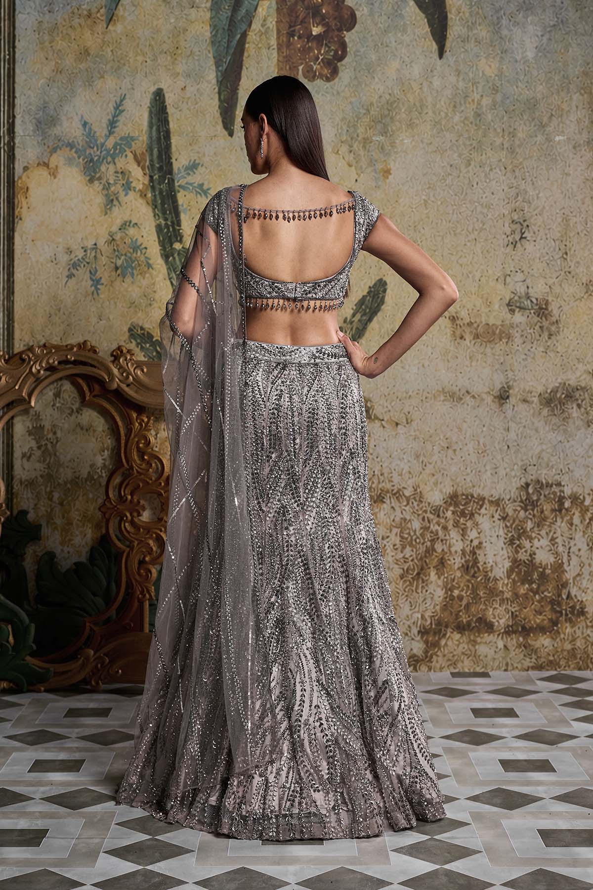 GREY GUNMETAL EMBELLISHED MERMAID SKIRT SET