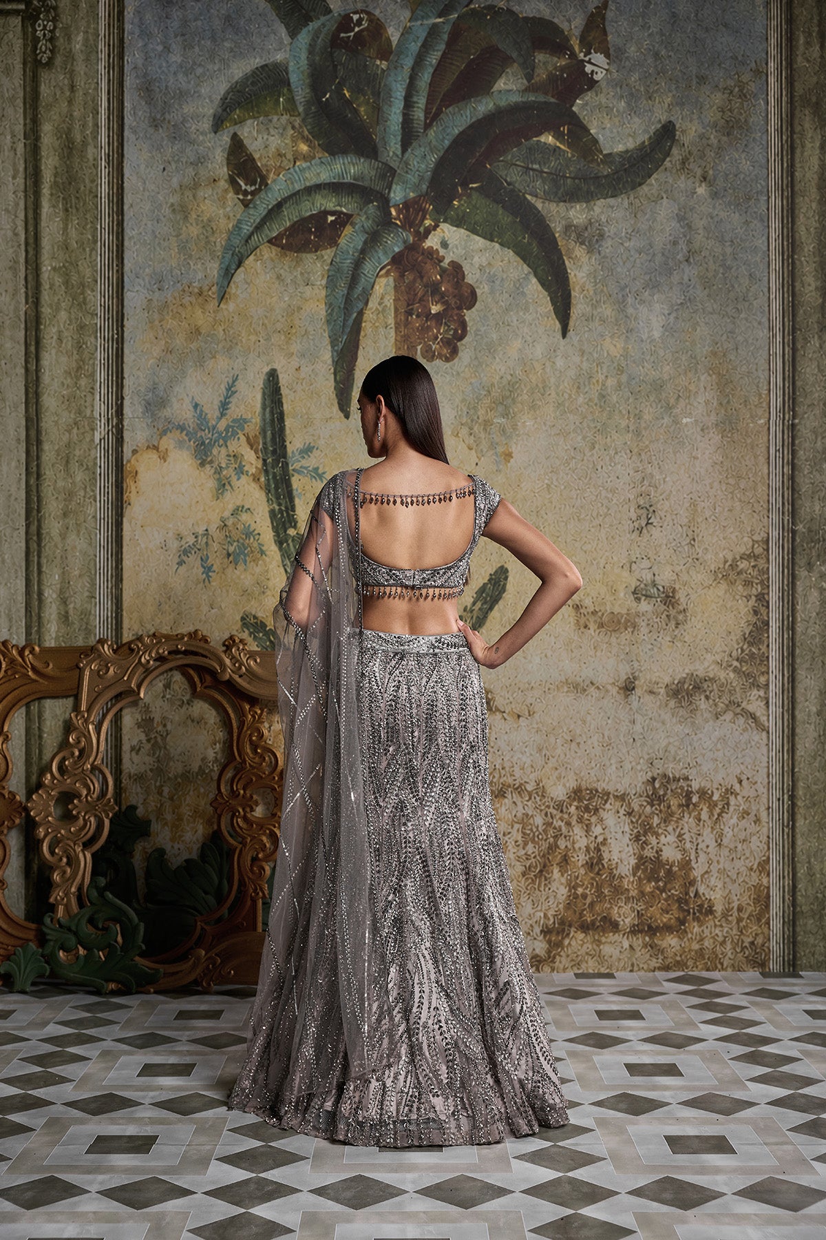GREY GUNMETAL EMBELLISHED MERMAID SKIRT SET