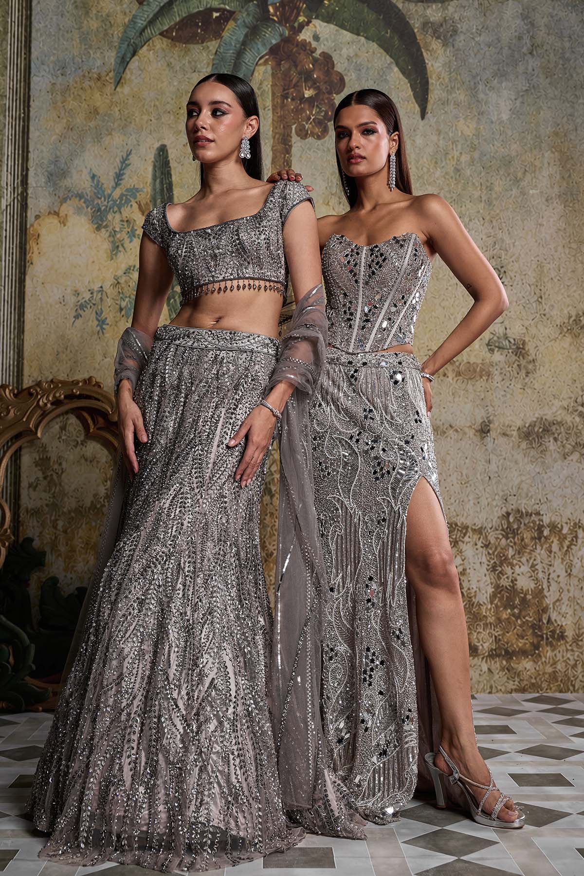 GREY GUNMETAL EMBELLISHED MERMAID SKIRT SET