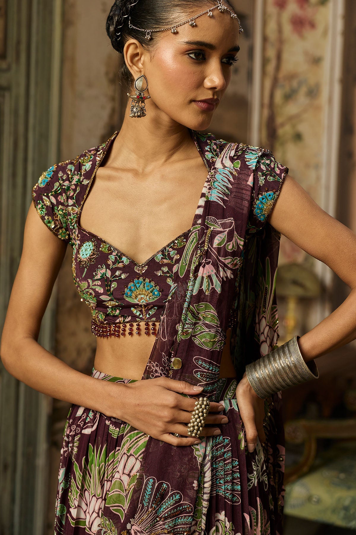 Plum Print And Highighted Tiered Skirt Saree Set