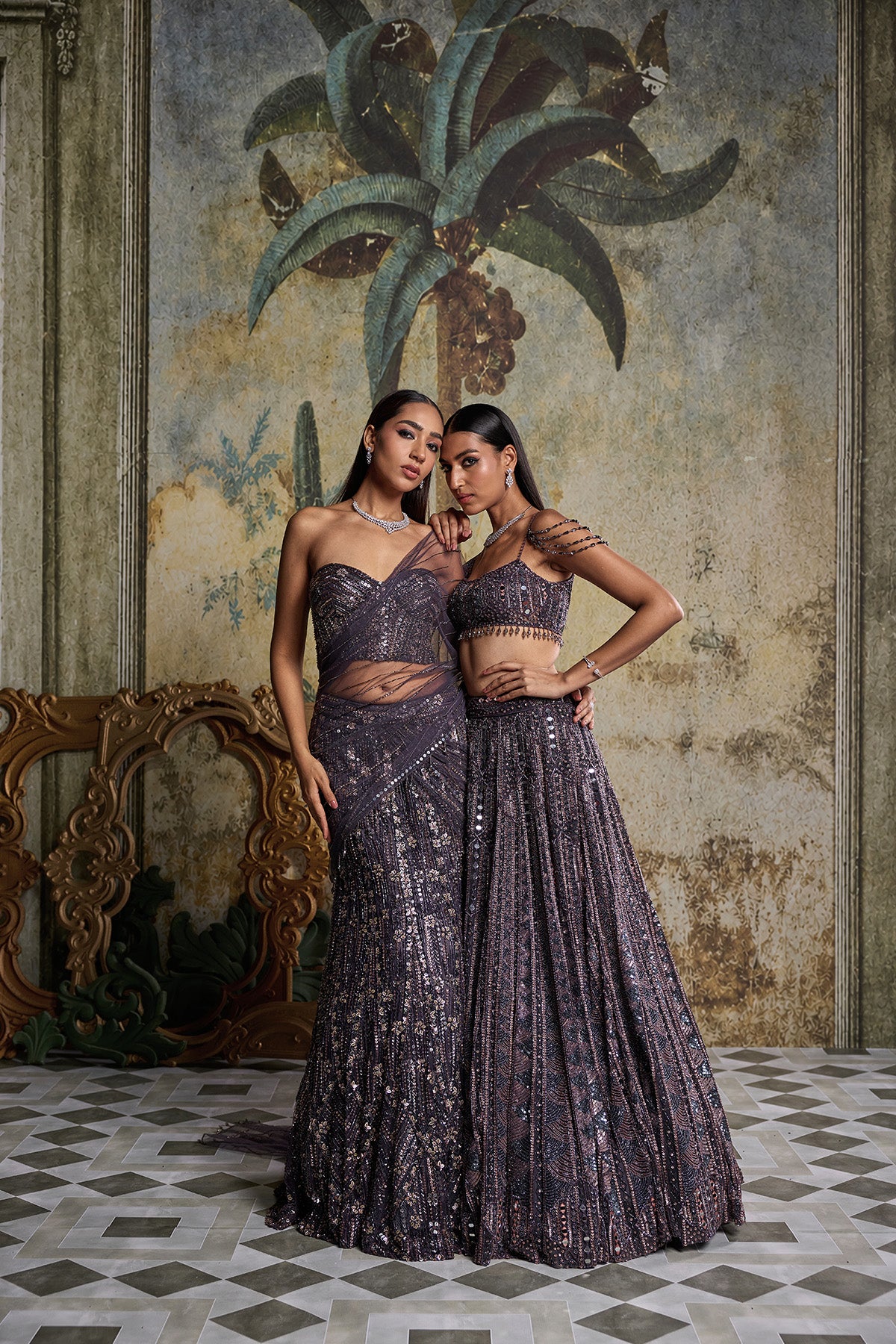 CHARCOL GREY FLORAL EMBELLISHED CORSET SAREE SET