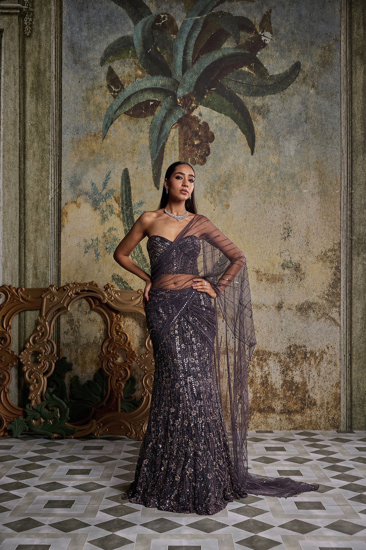 CHARCOL GREY FLORAL EMBELLISHED CORSET SAREE SET