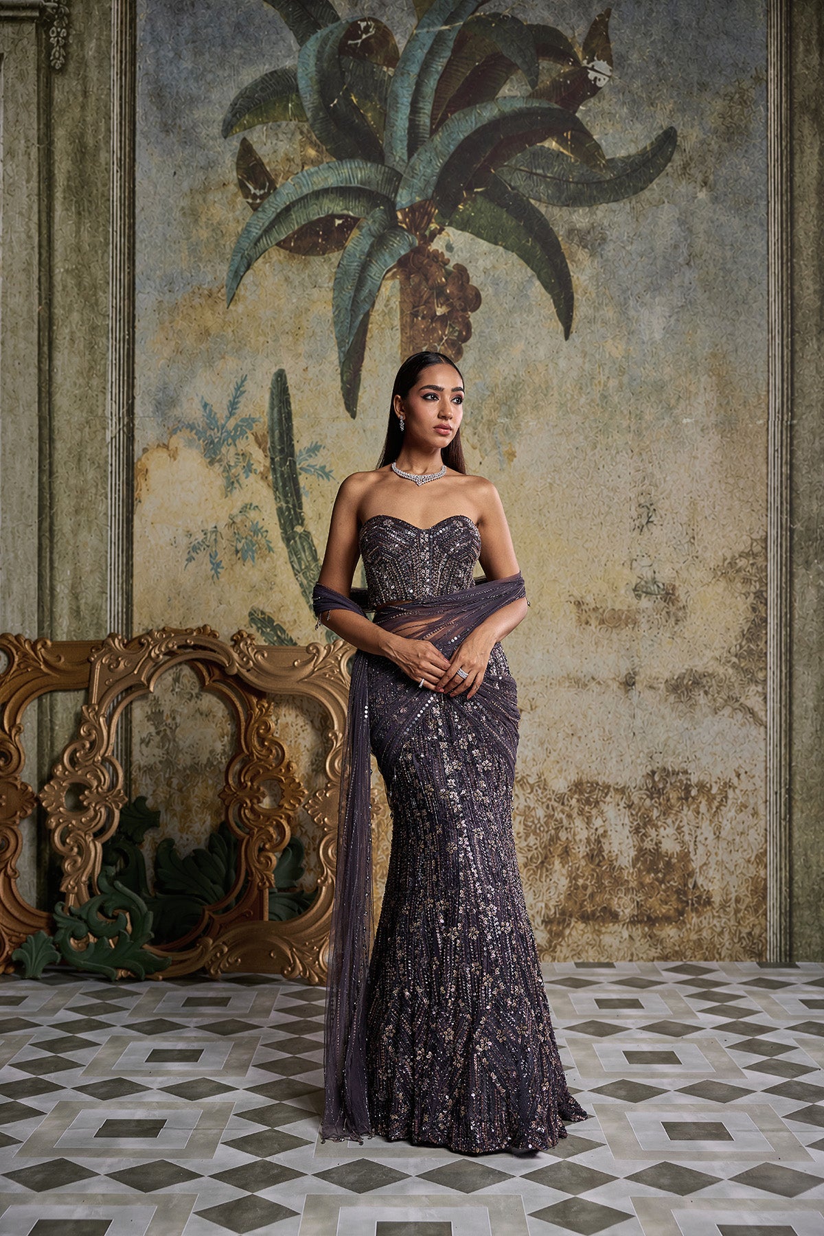 CHARCOL GREY FLORAL EMBELLISHED CORSET SAREE SET