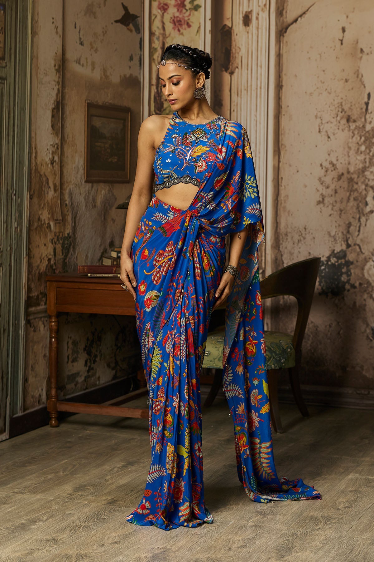 Electric Blue Printed And Highlighted Dhoti Skirt Saree Set