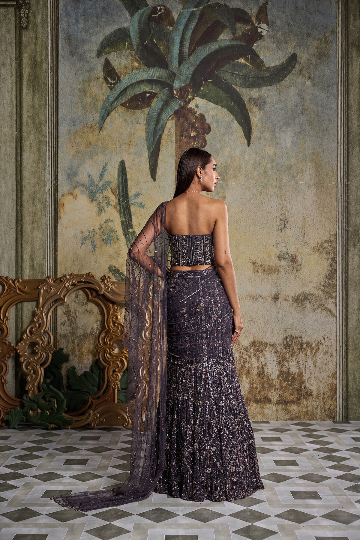 CHARCOL GREY FLORAL EMBELLISHED CORSET SAREE SET