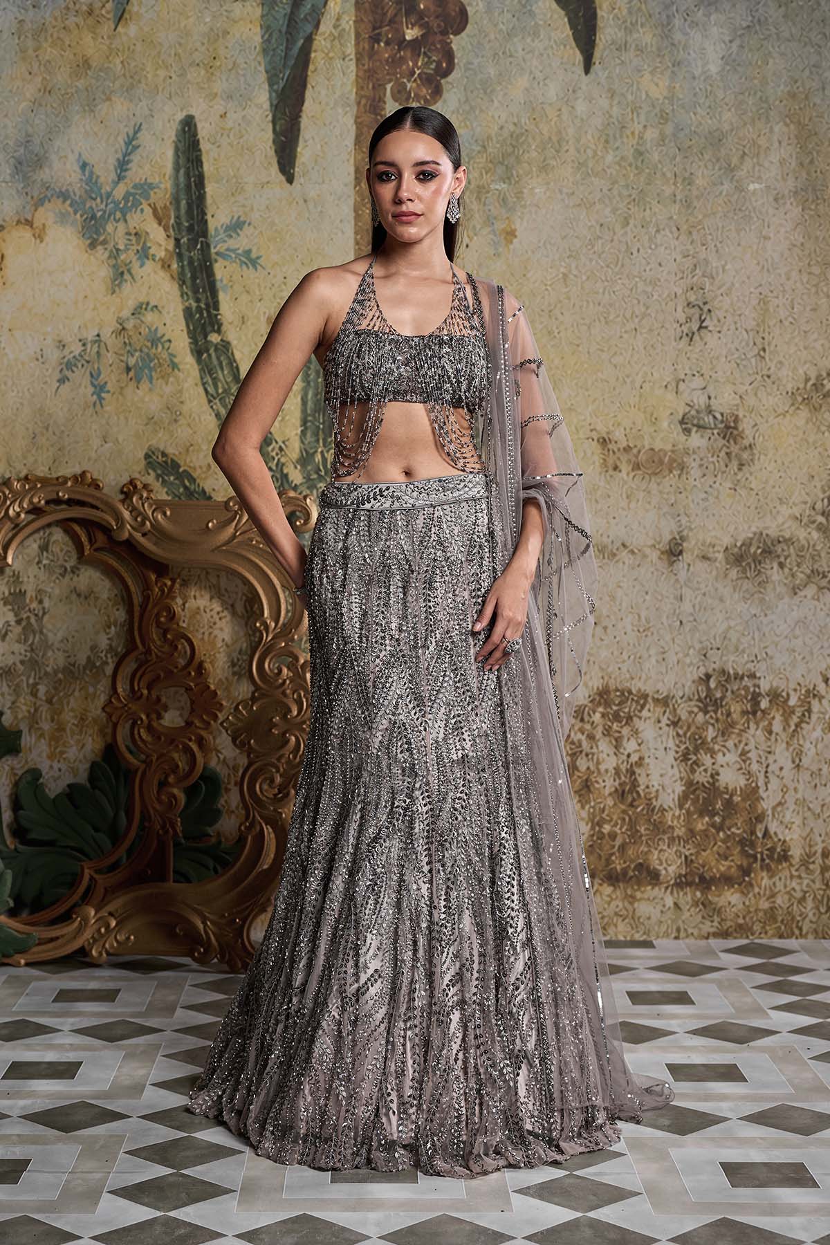 GREY GUNMETAL EMBELLISHED MERMAID SKIRT SET