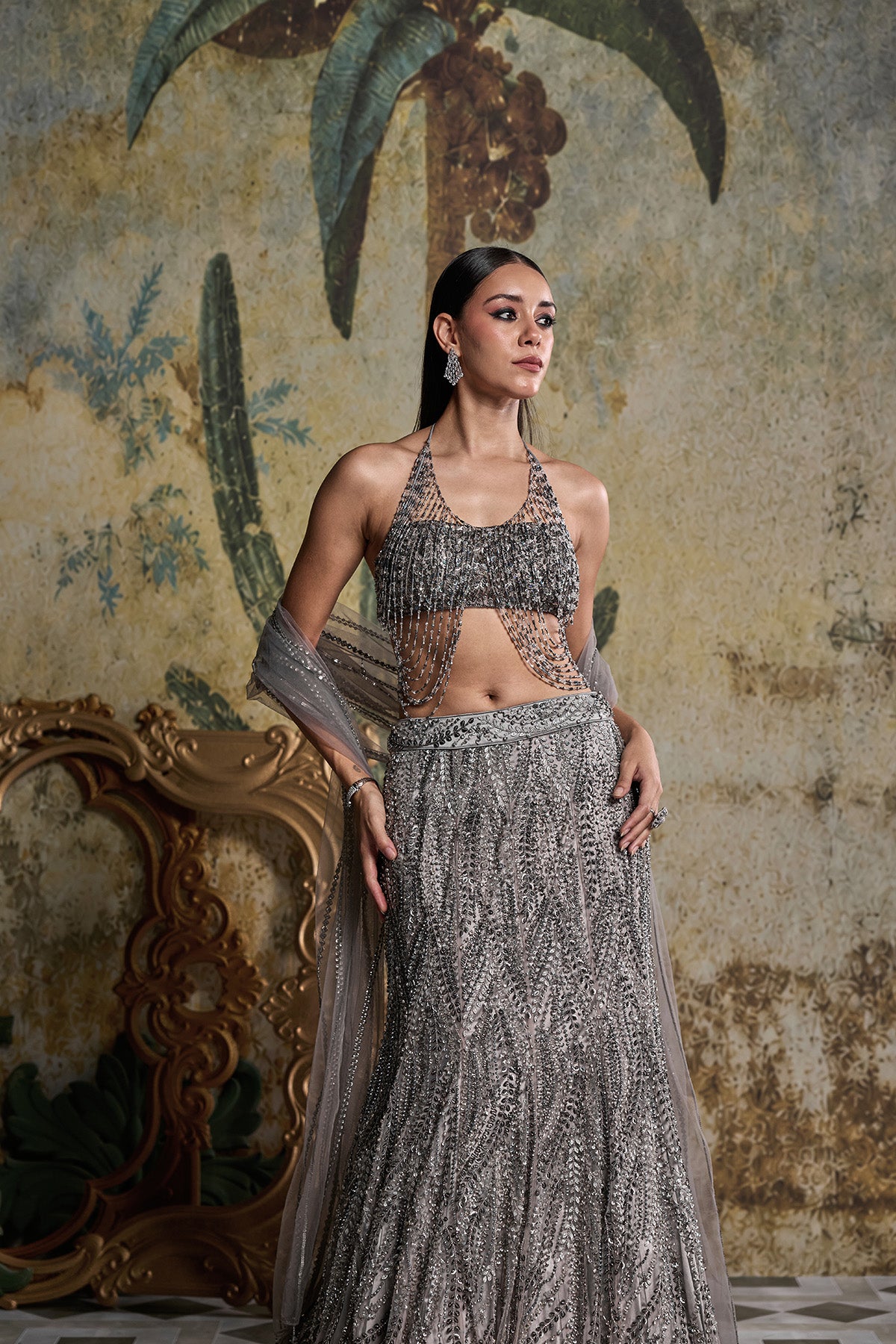 GREY GUNMETAL EMBELLISHED MERMAID SKIRT SET