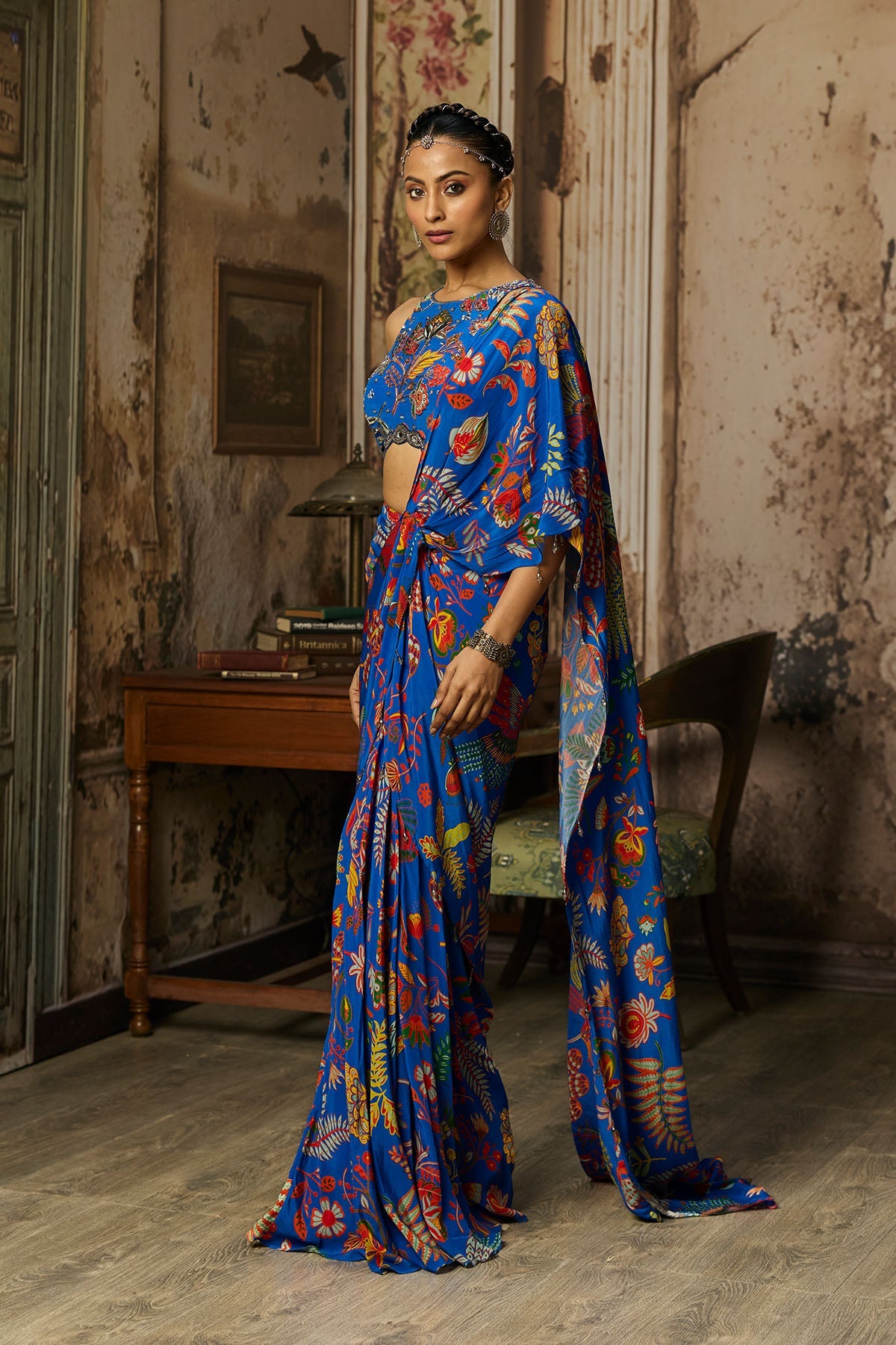 Electric Blue Printed And Highlighted Dhoti Skirt Saree Set