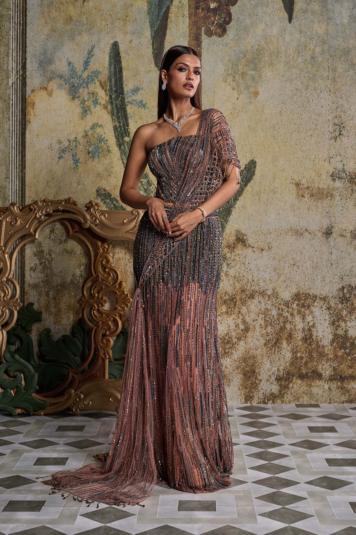 ONION PINK CUT WORK DRAPE EMBELLISHED SAREE SET