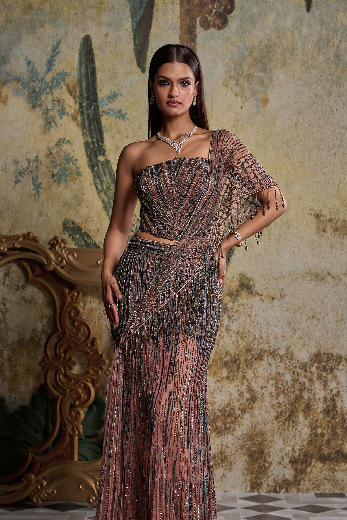 ONION PINK CUT WORK DRAPE EMBELLISHED SAREE SET