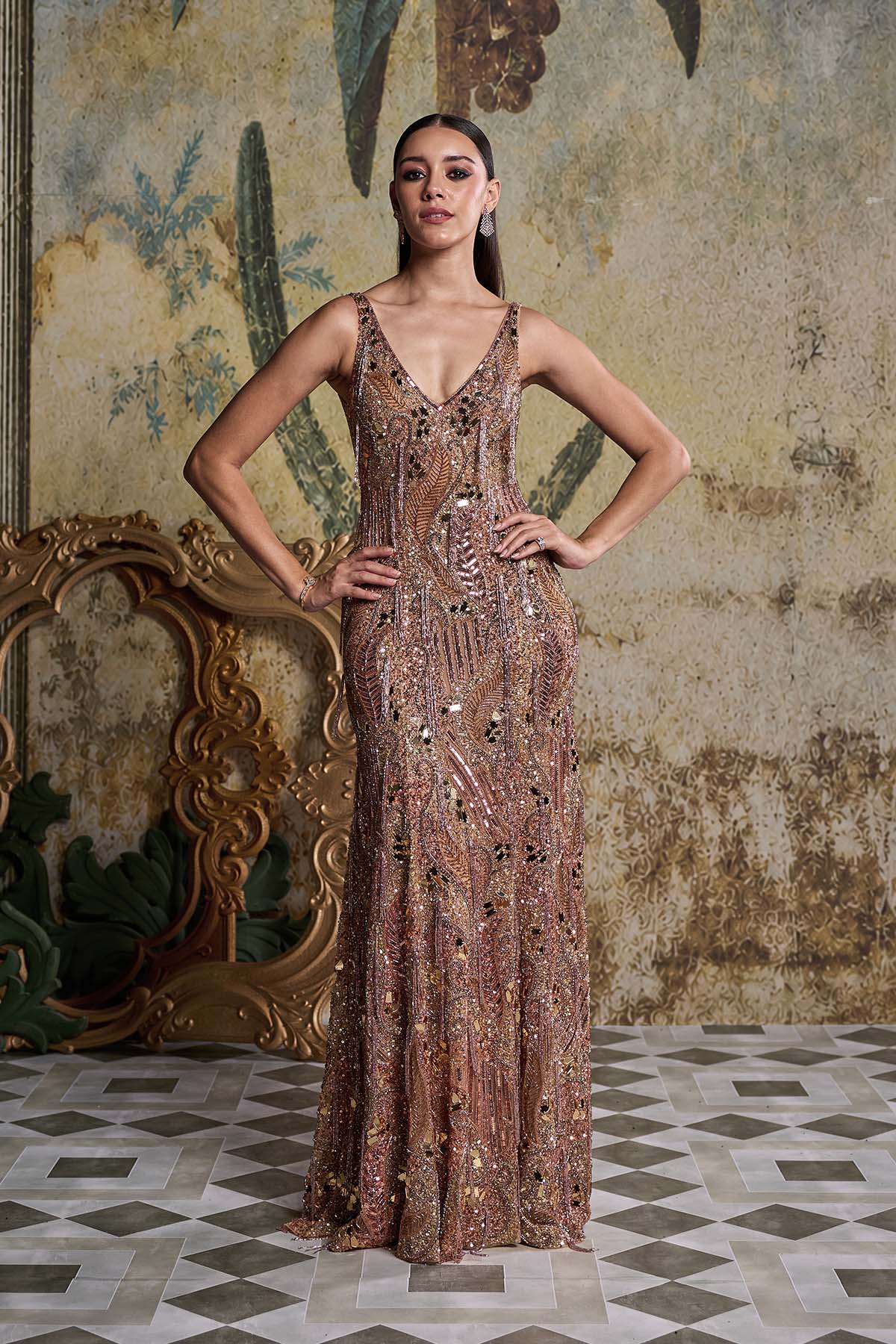 ROSE GOLD ABSTARCT ACRYLIC EMBELLISHED GOWN