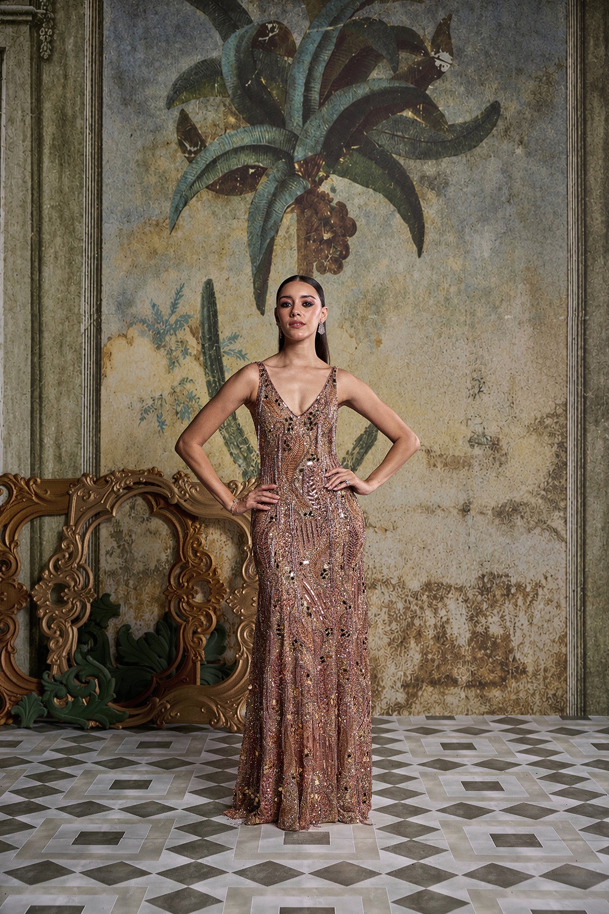 ROSE GOLD ABSTARCT ACRYLIC EMBELLISHED GOWN