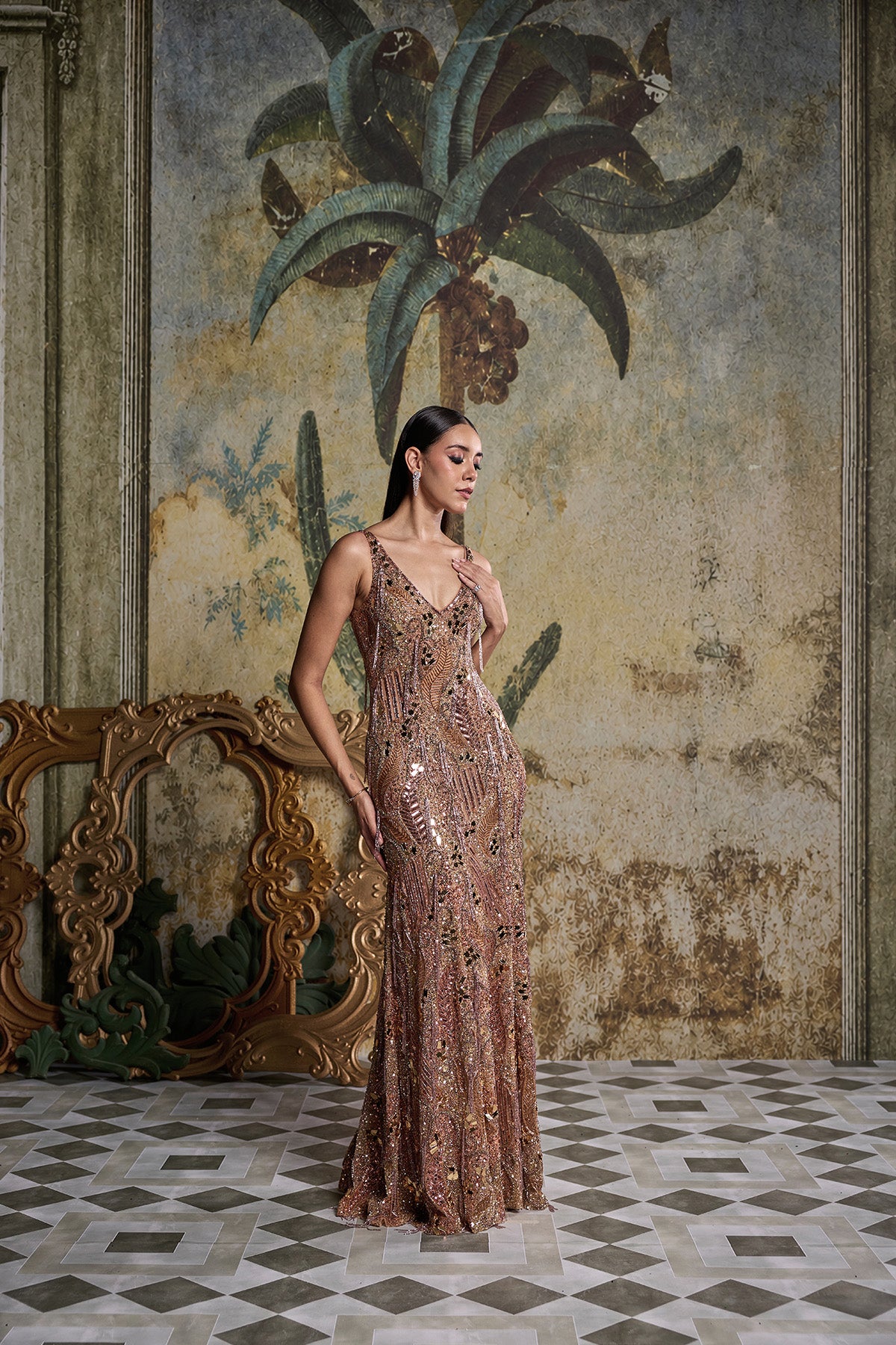 ROSE GOLD ABSTARCT ACRYLIC EMBELLISHED GOWN