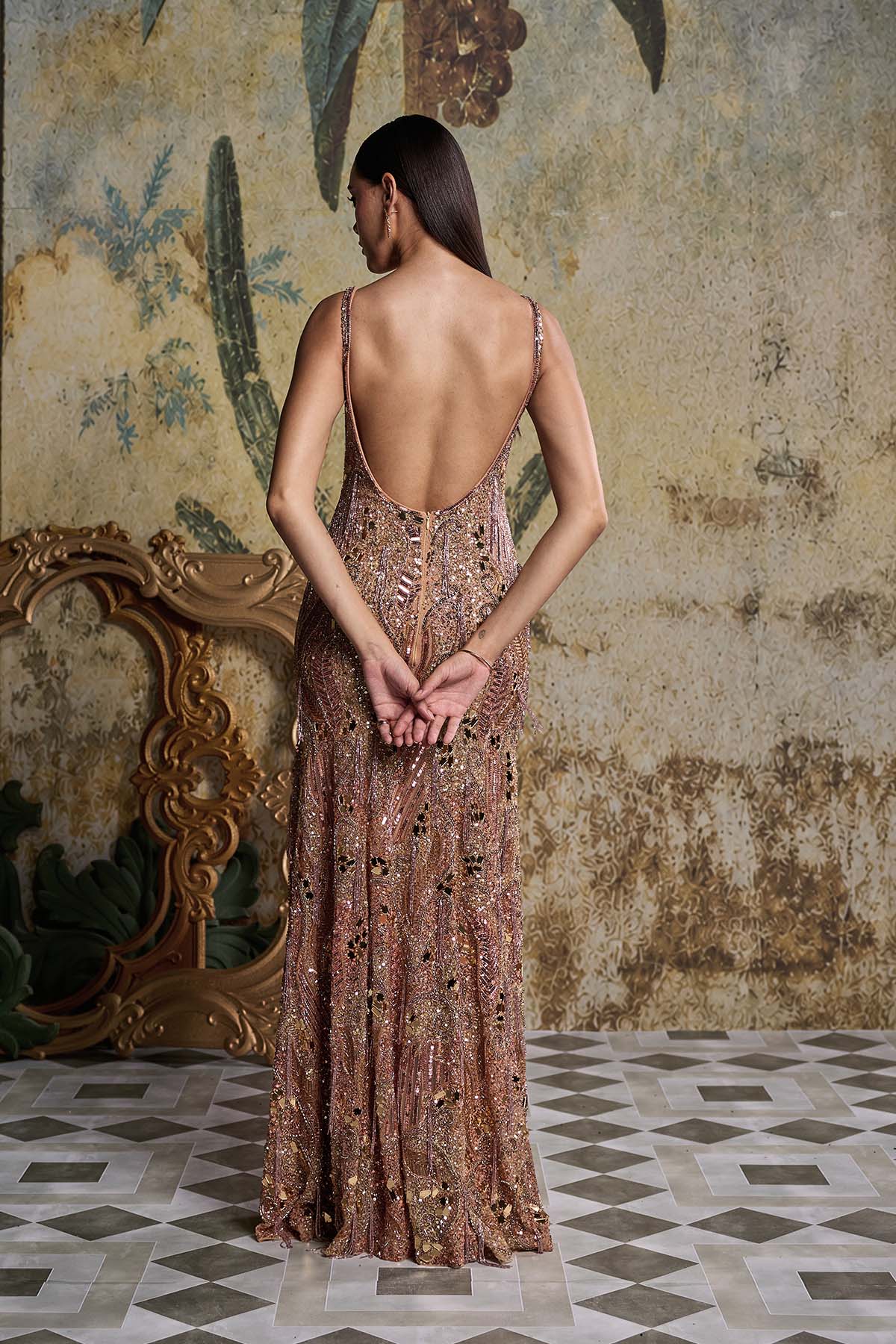 ROSE GOLD ABSTARCT ACRYLIC EMBELLISHED GOWN
