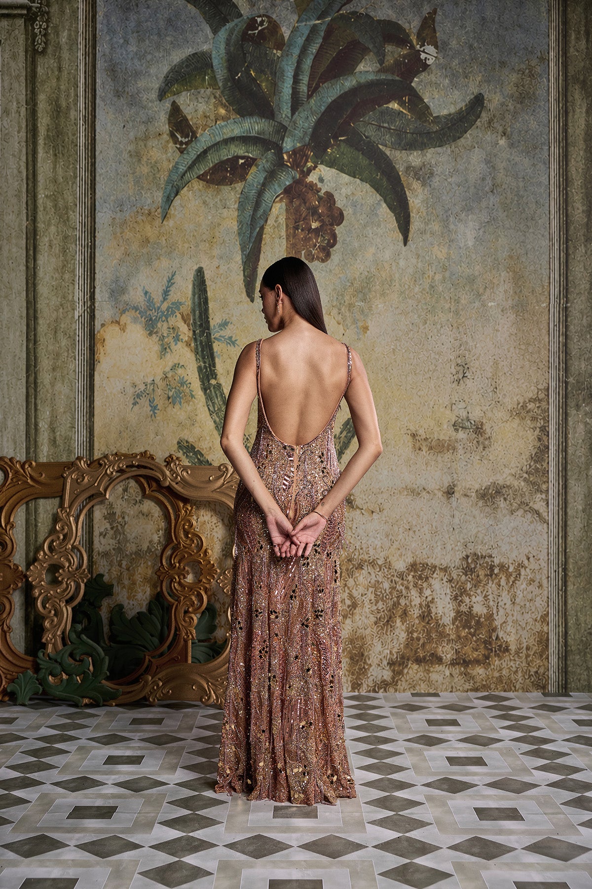 ROSE GOLD ABSTARCT ACRYLIC EMBELLISHED GOWN