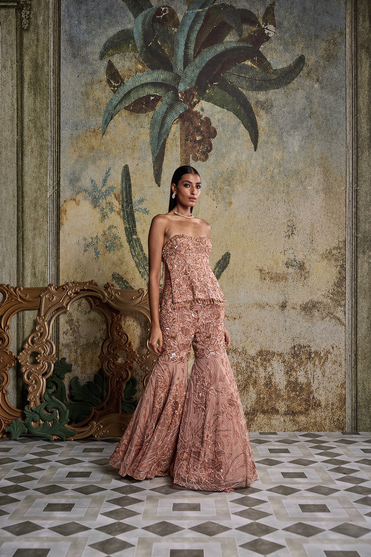ROSE GOLD ABSTRACT FLORAL EMBELLISHED KURTI SET