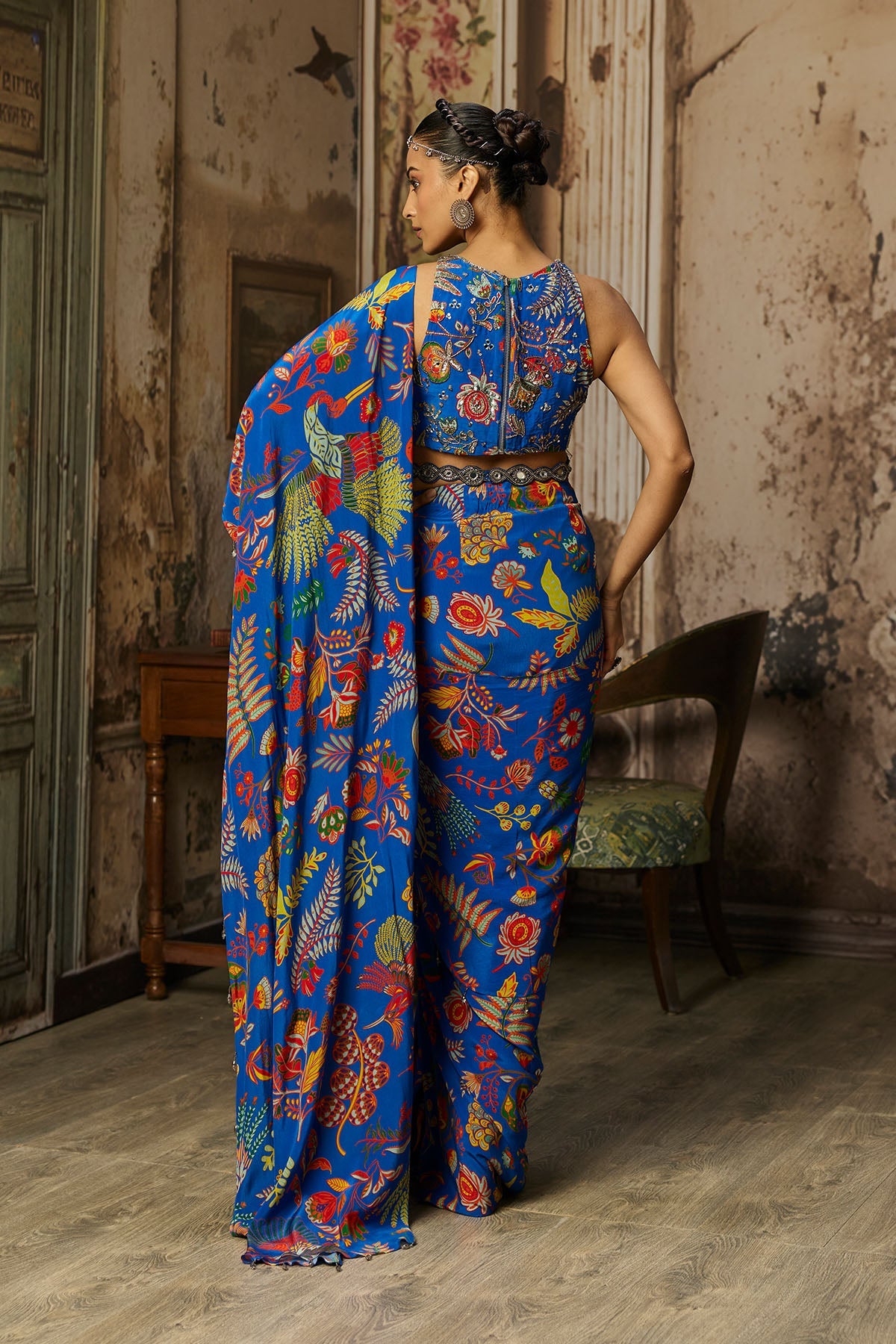 Electric Blue Printed And Highlighted Dhoti Skirt Saree Set