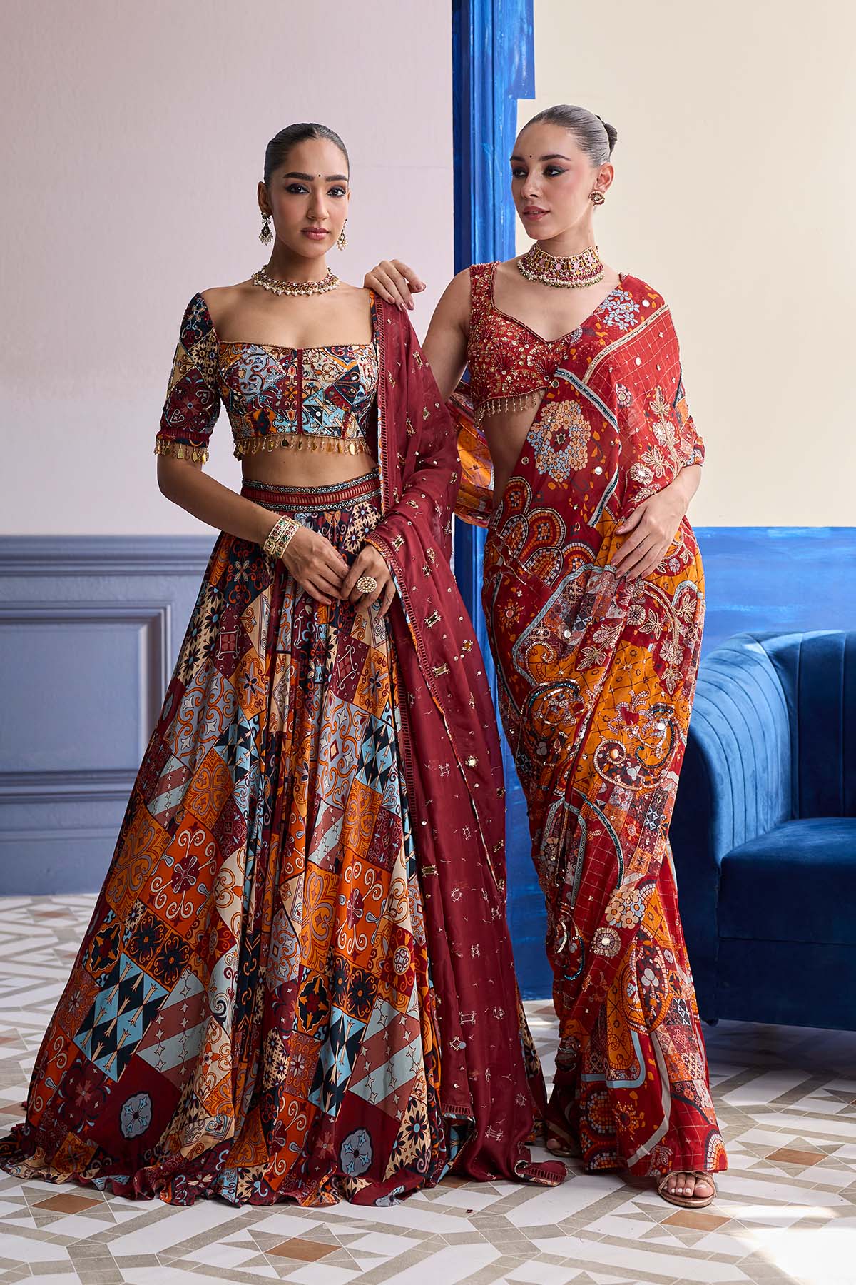 RUST HIGHLIGHTED BLOUSE WITH LEHENGA & EMBROIDERED DUPATTA SET
