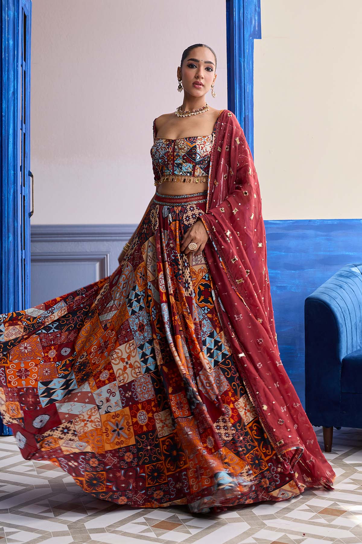 RUST HIGHLIGHTED BLOUSE WITH LEHENGA & EMBROIDERED DUPATTA SET