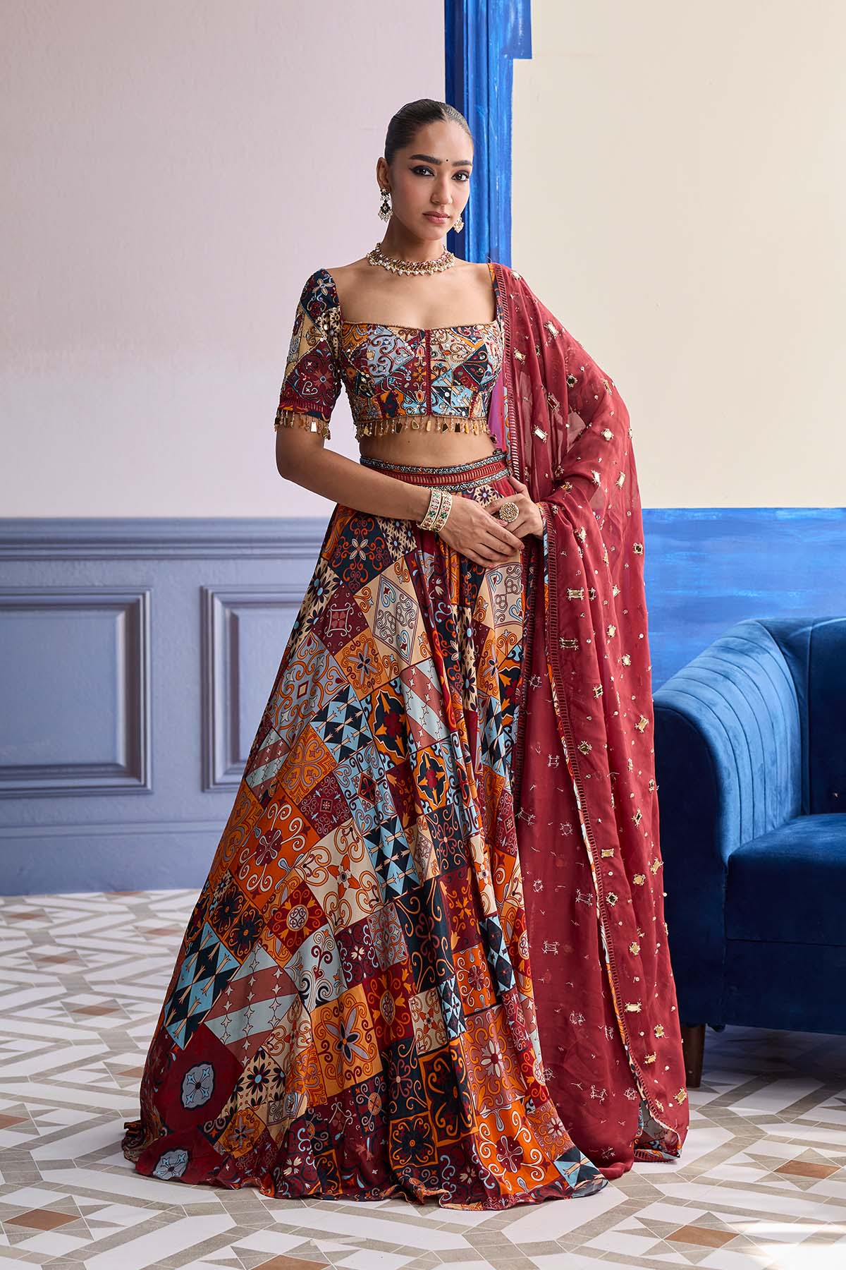 RUST HIGHLIGHTED BLOUSE WITH LEHENGA & EMBROIDERED DUPATTA SET