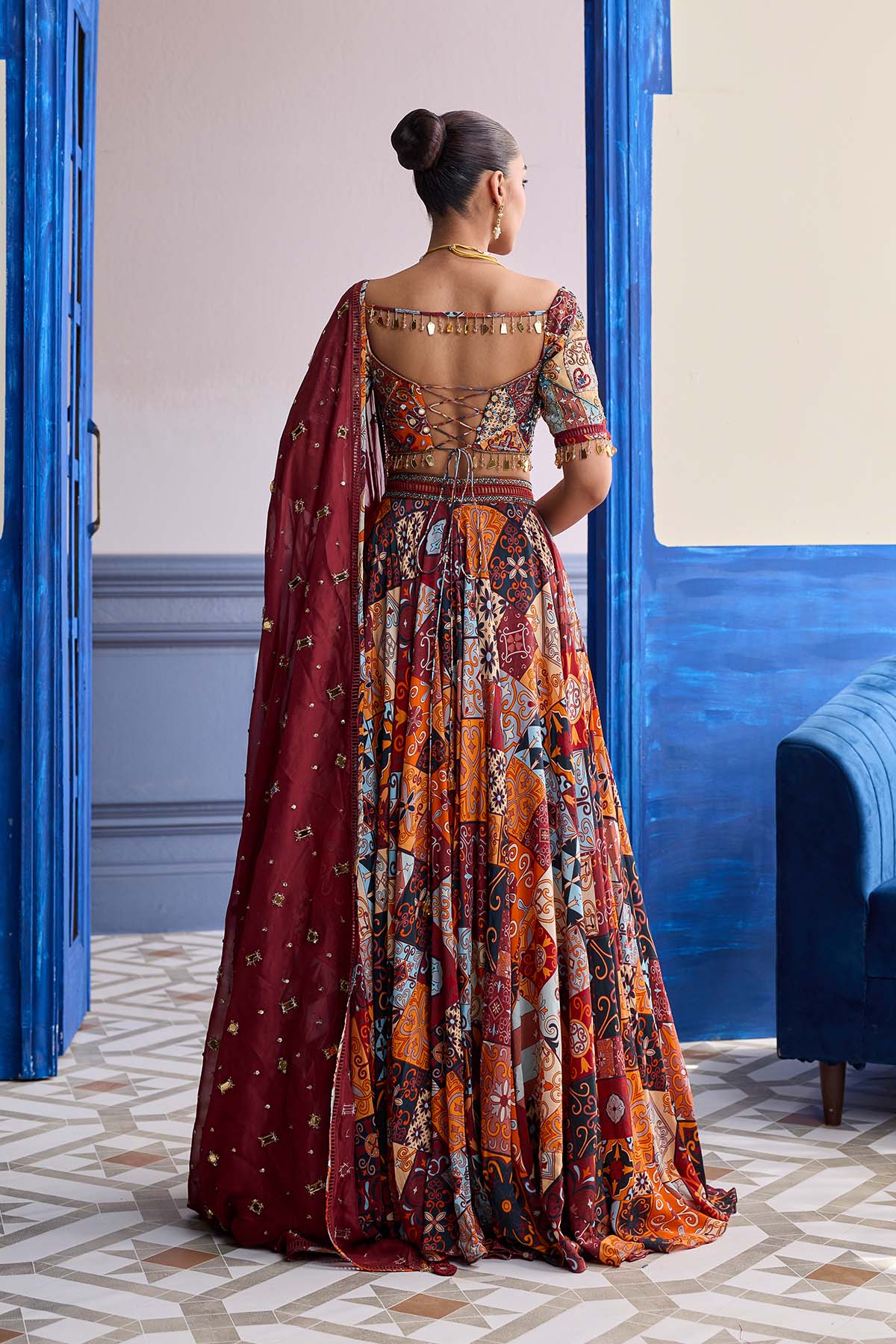RUST HIGHLIGHTED BLOUSE WITH LEHENGA & EMBROIDERED DUPATTA SET