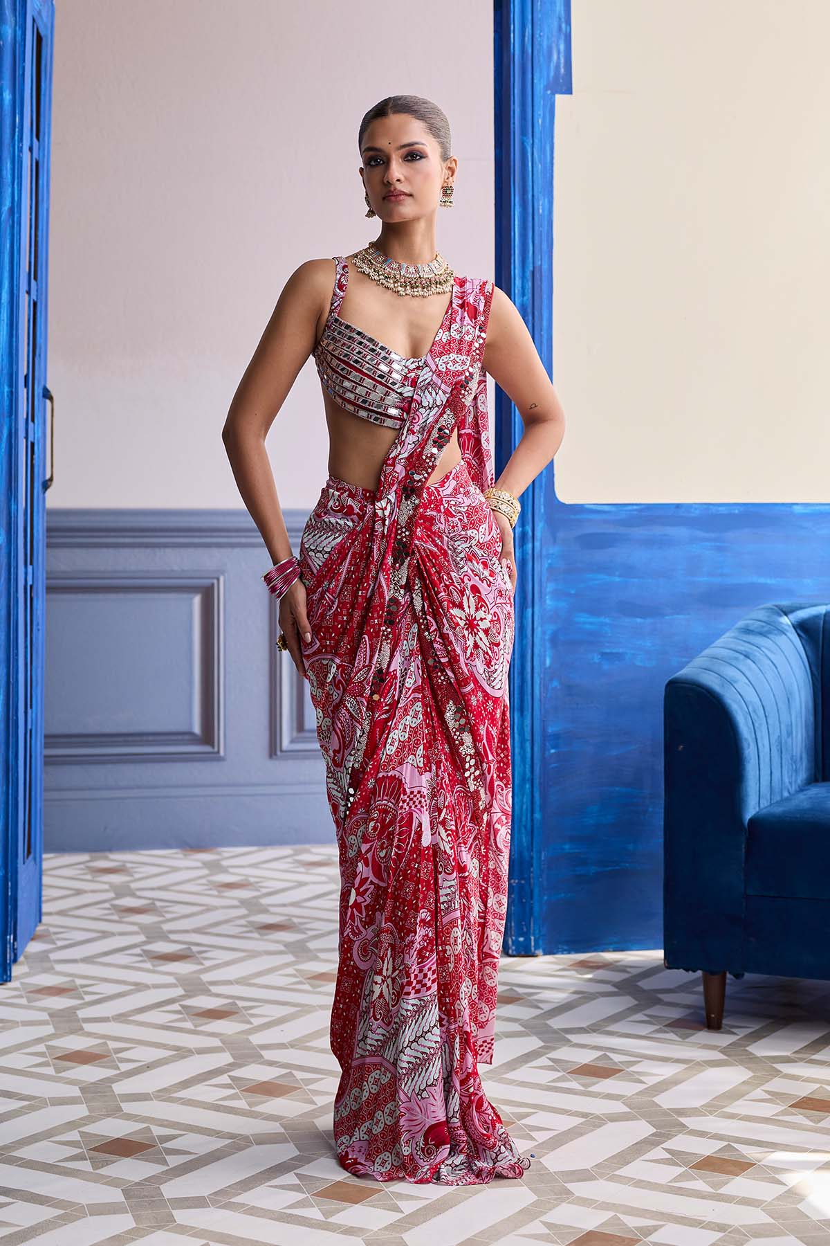 RED MIRROR WORK BLOUSE WITH PRINTED DHOTI SAREE SET