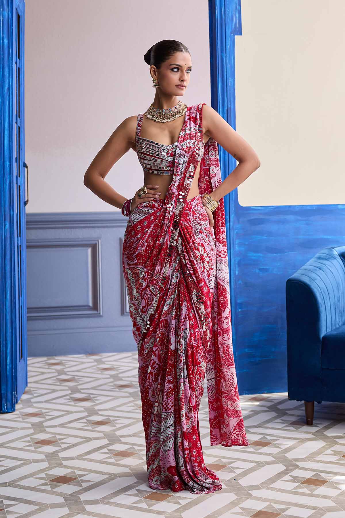 RED MIRROR WORK BLOUSE WITH PRINTED DHOTI SAREE SET