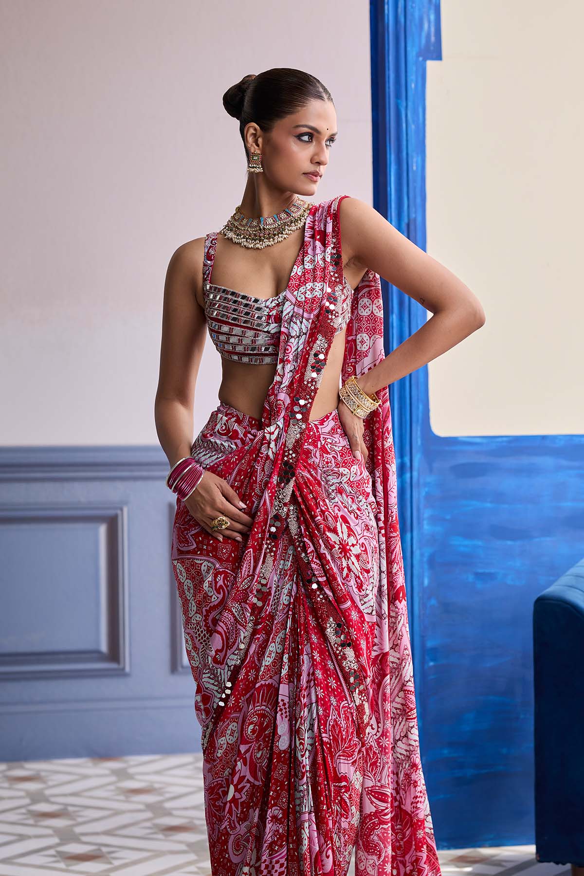 RED MIRROR WORK BLOUSE WITH PRINTED DHOTI SAREE SET