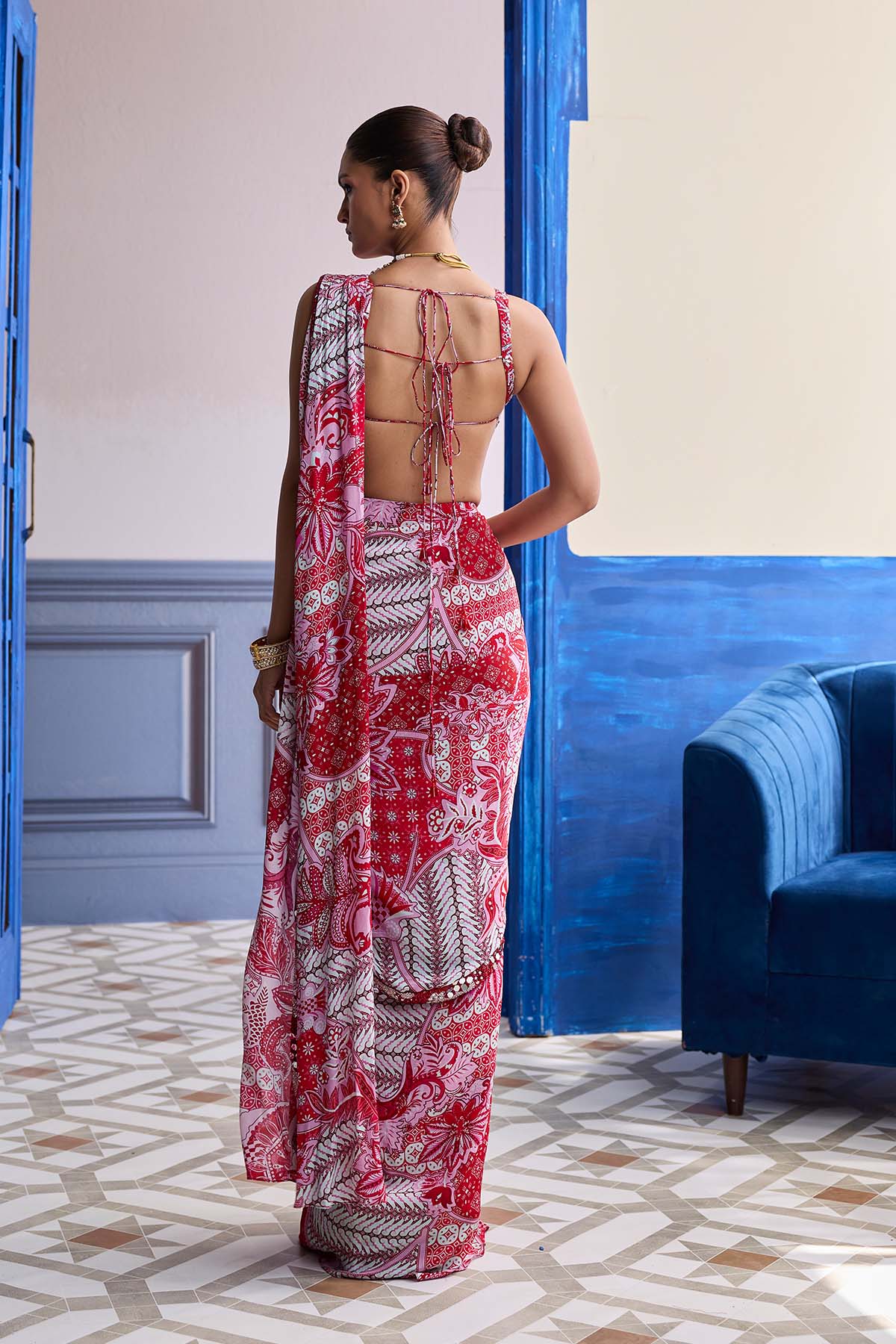 RED MIRROR WORK BLOUSE WITH PRINTED DHOTI SAREE SET