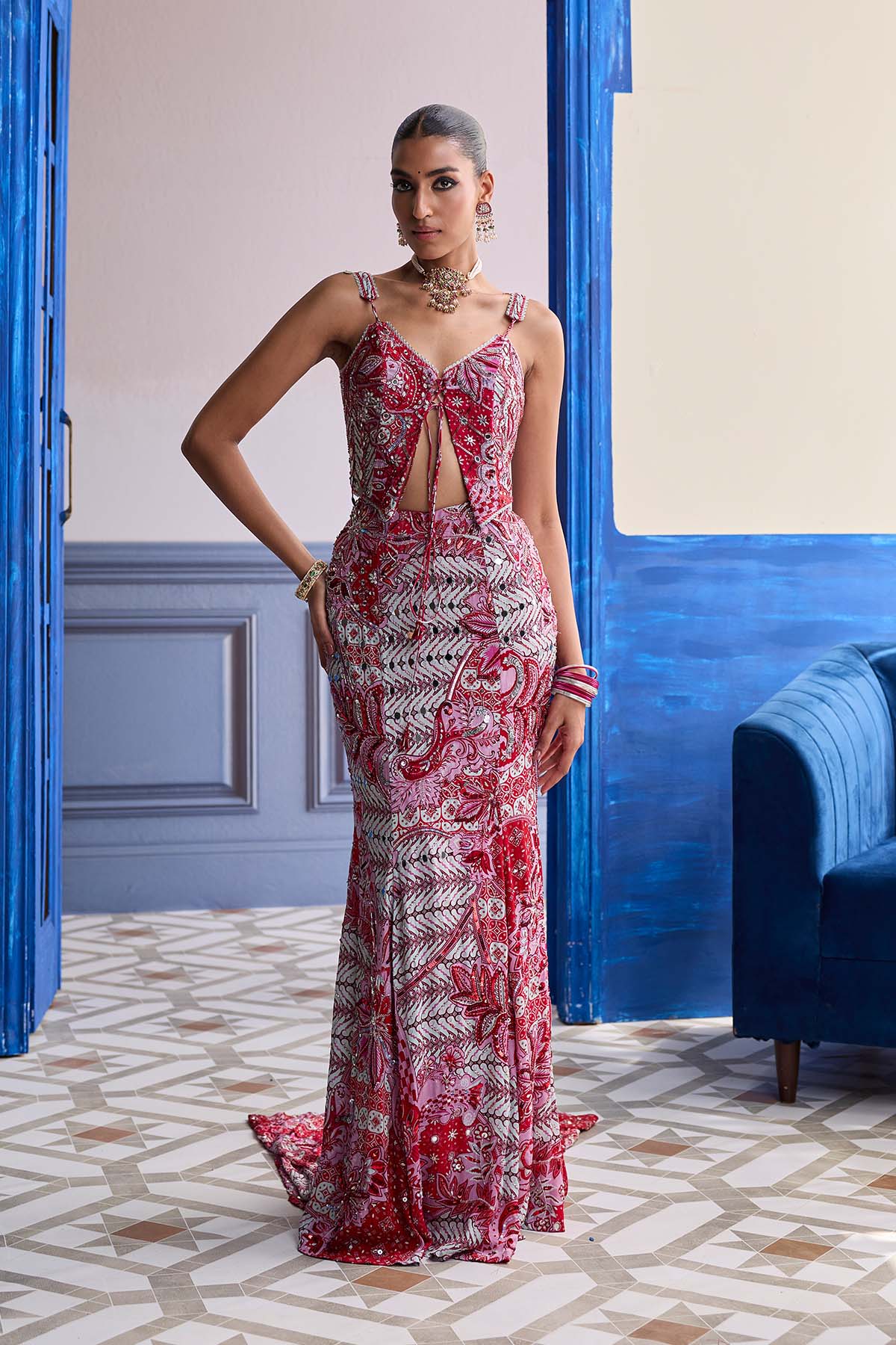 RED FLORAL CORSET WITH HIGHLIGHTED MERMAID SKIRT SET