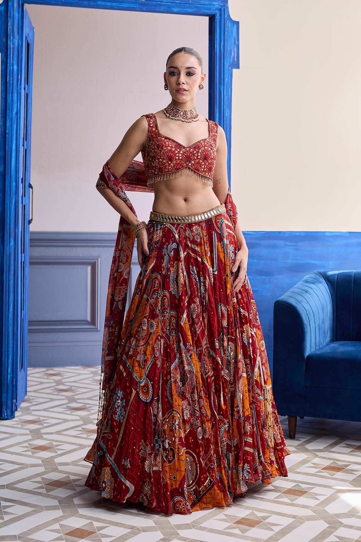 RUST MOSAIC SWEETHEART BLOUSE WITH LEHENGA & TASSEL DUPATTA SET