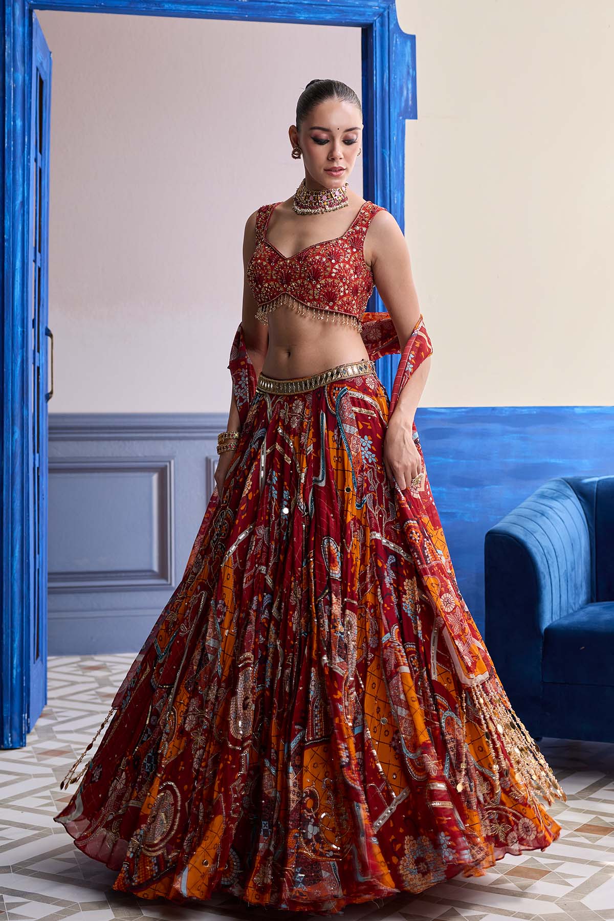 RUST MOSAIC SWEETHEART BLOUSE WITH LEHENGA & TASSEL DUPATTA SET