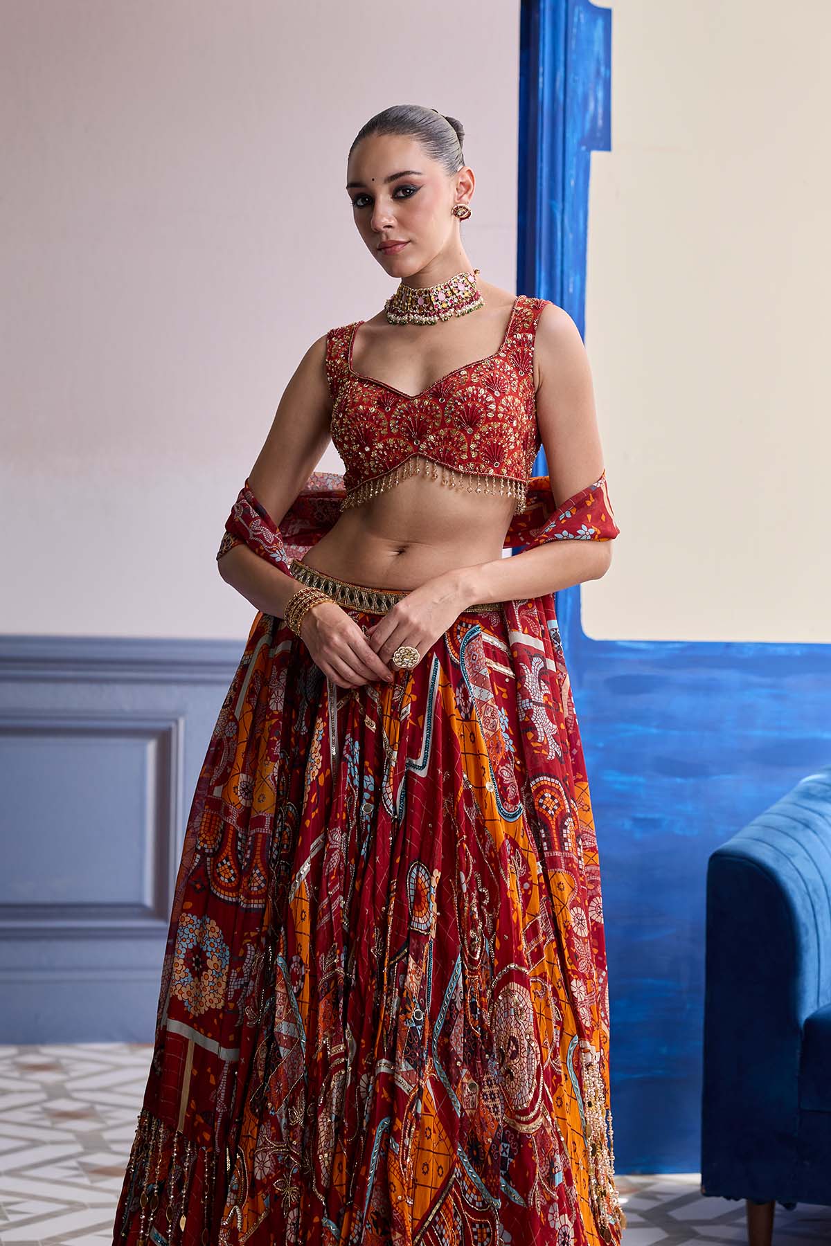 RUST MOSAIC SWEETHEART BLOUSE WITH LEHENGA & TASSEL DUPATTA SET