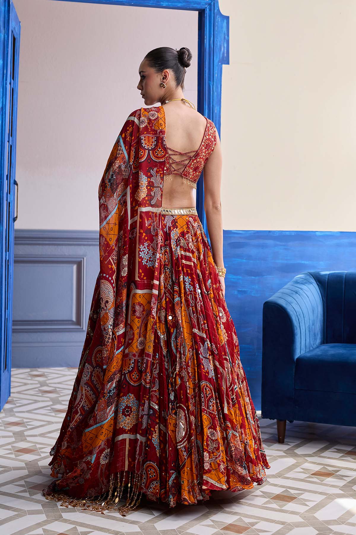 RUST MOSAIC SWEETHEART BLOUSE WITH LEHENGA & TASSEL DUPATTA SET