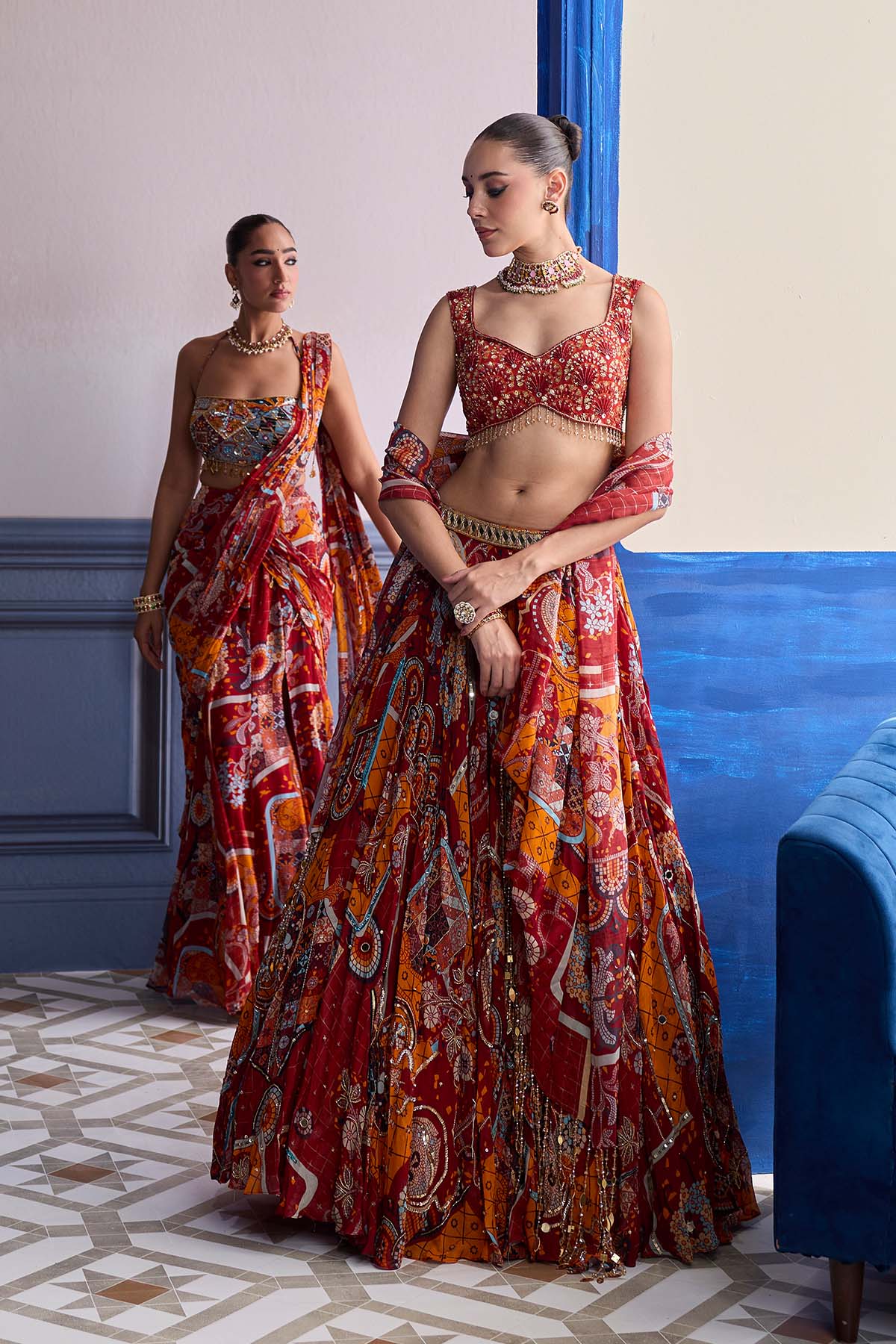 RUST MOSAIC SWEETHEART BLOUSE WITH LEHENGA & TASSEL DUPATTA SET