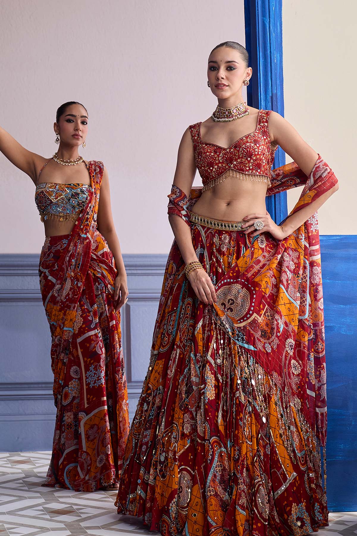 RUST MOSAIC BLOUSE WITH PRE-DRAPED PANELLED SAREE SET