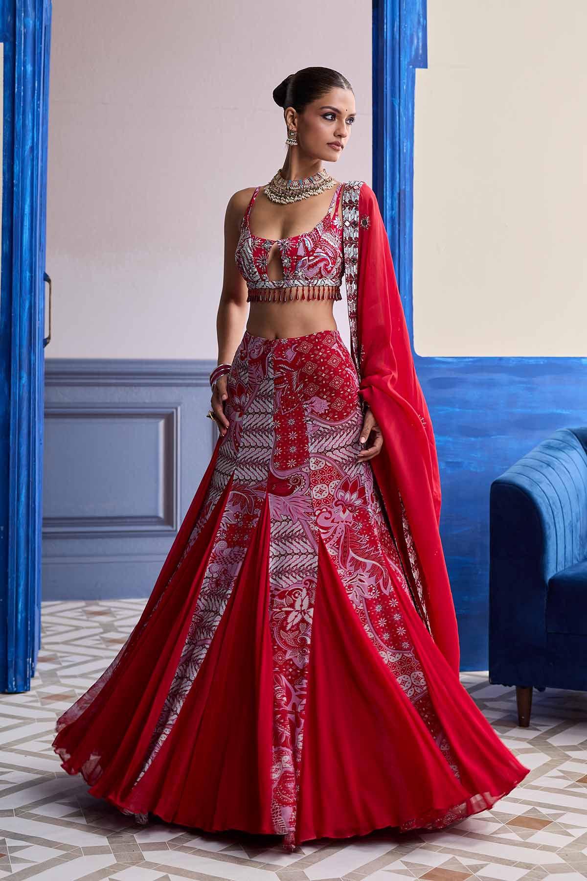 RED FLORAL BLOUSE WITH GODET SKIRT & EMBROIDERED DUPATTA SET