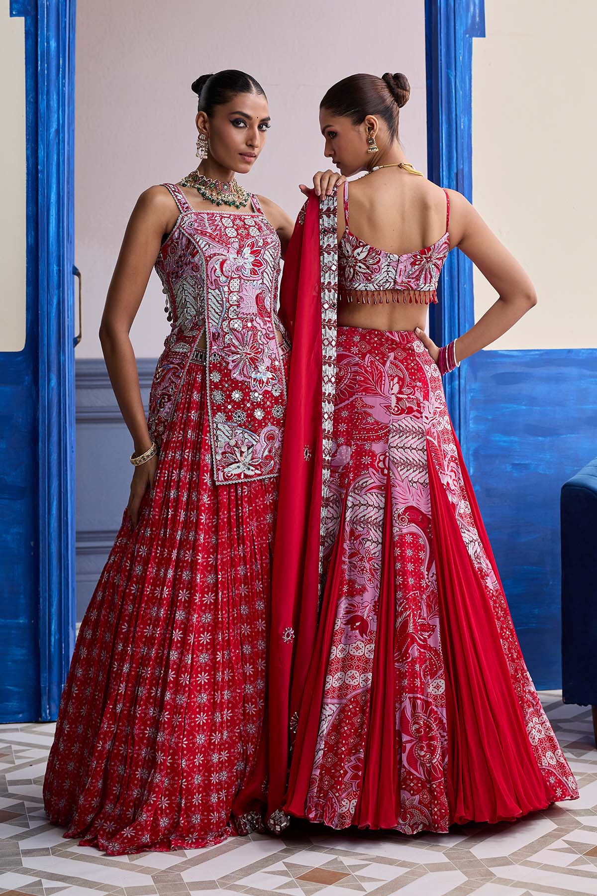 RED FLORAL BLOUSE WITH GODET SKIRT & EMBROIDERED DUPATTA SET