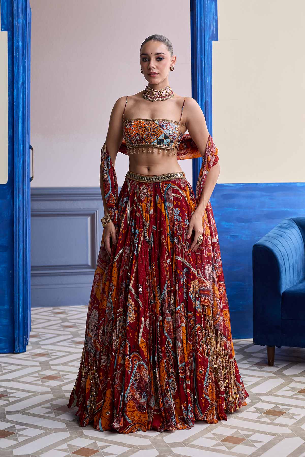 RUST MOSAIC SQUARE NECK BLOUSE WITH LEHENGA & TASSEL DUPATTA SET