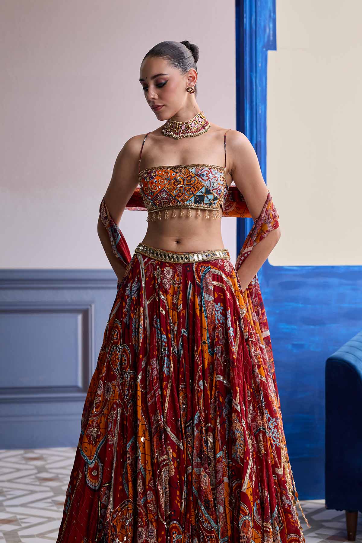 RUST MOSAIC SQUARE NECK BLOUSE WITH LEHENGA & TASSEL DUPATTA SET