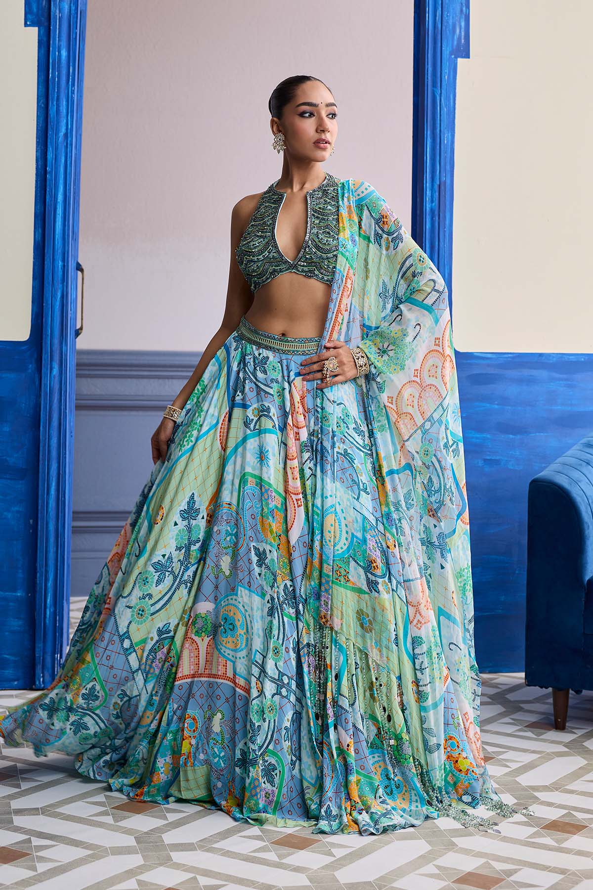 AQUA BLUE EMBROIDERED BLOUSE WITH PRINTED LEHENGA & TASSEL DUPATTA SET